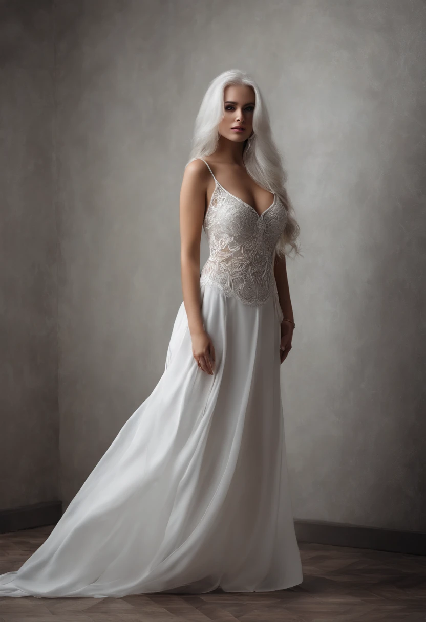 Girl, long white hair, charismatic, exquisite beauty, slender figure, breasts of the third size, in a white long dress, postcard neckline, open bust, exquisite eroticism, full-length, ethnic tattoos on the body, in a white carnival mask, on a clean gray background walls, gothic, renaissance, masterpiece, photography art, art photography, 8k, cinematic art, art painting, cinematic quality