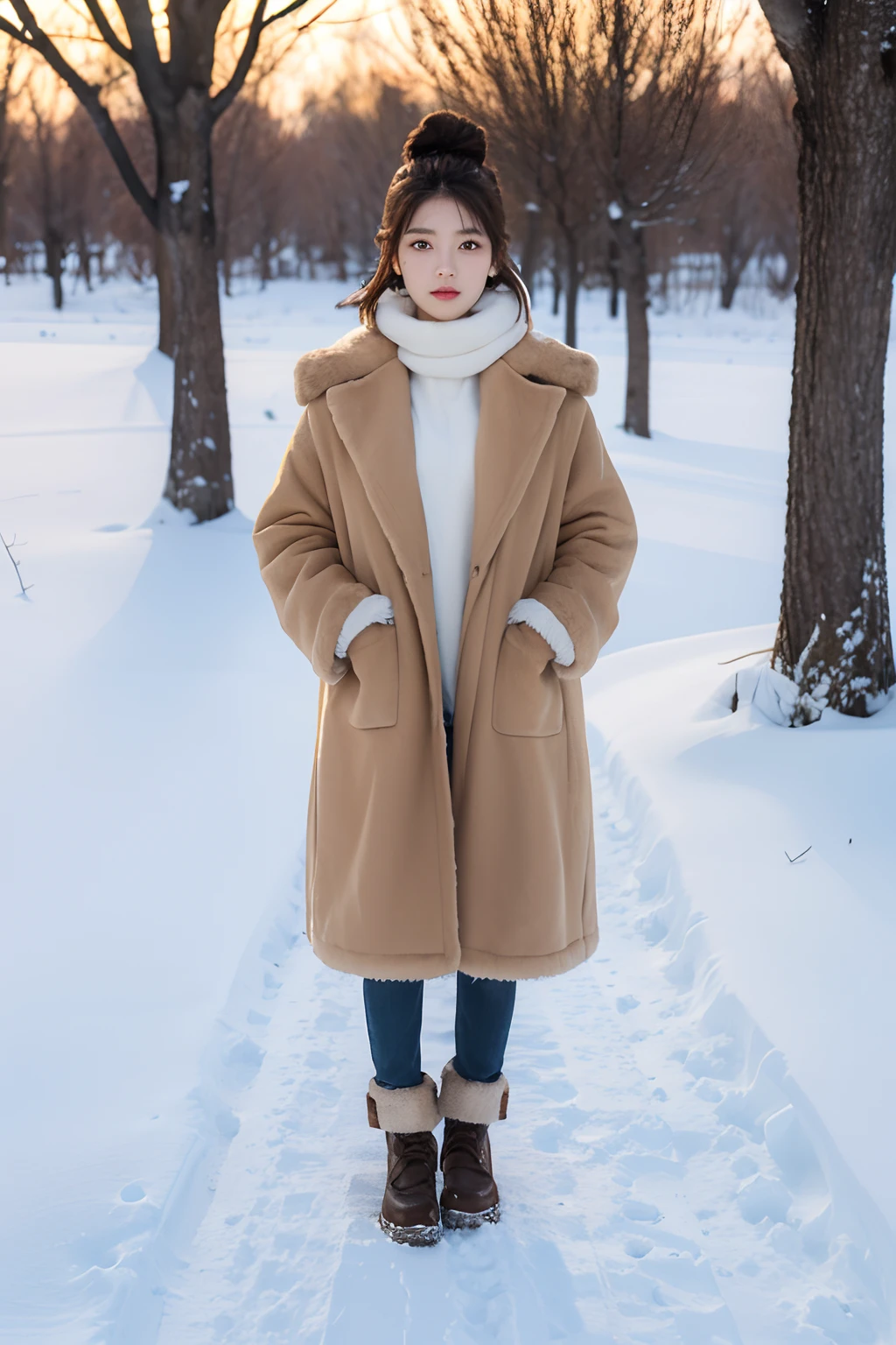 A woman standing in the snow wearing a coat and boots - SeaArt AI