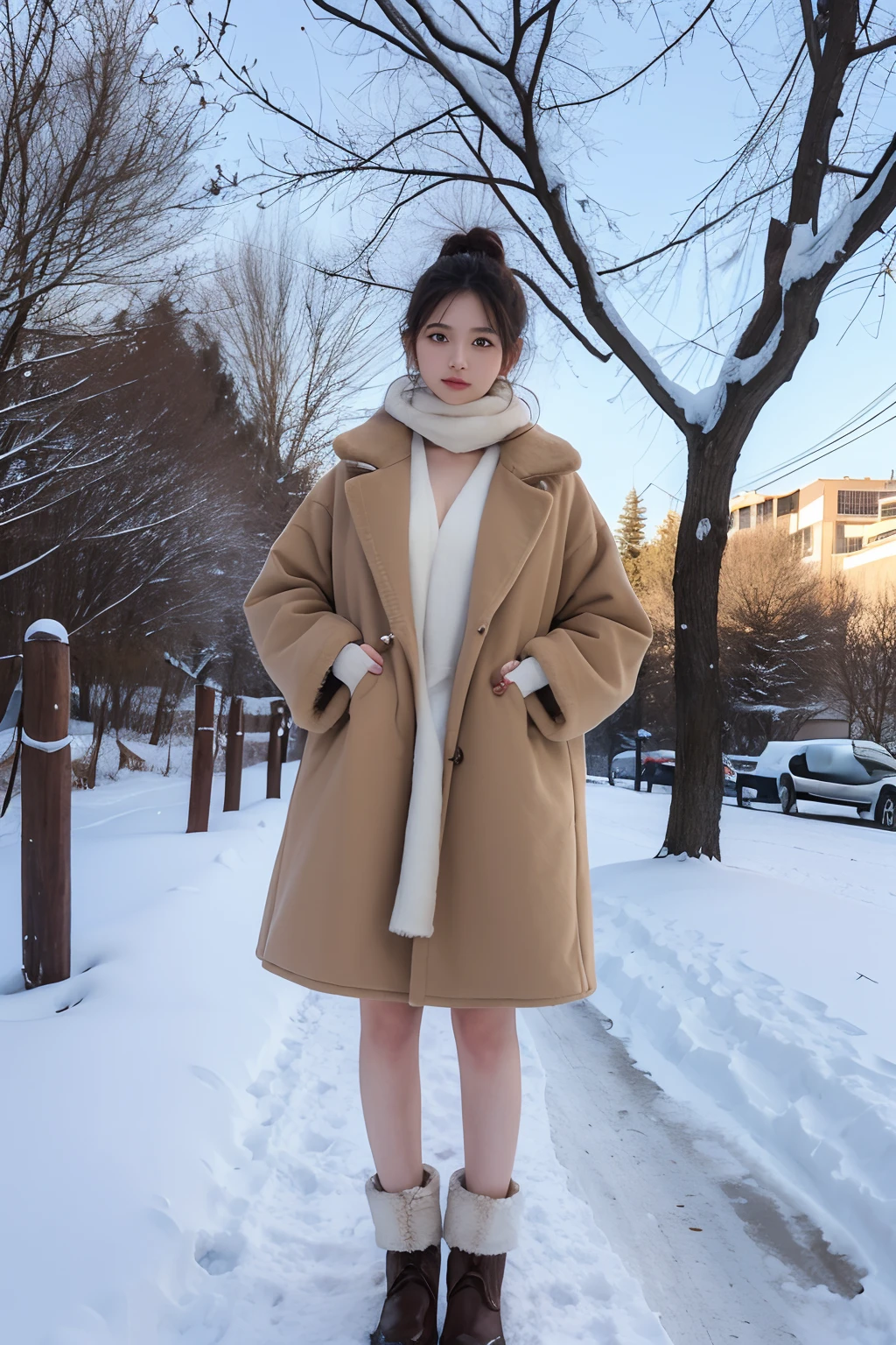 1 Rural girl,Stand whole body limb bare_tree, brown_eyes, brown_hair, build, Manteau, cross_earrings, 耳Nipple Ring, furred, Fur trimmed_coat, fur_collar, fur_scarf, fur_trim, jewely, cparted lips, Shorthair, looking_at_viewer, exteriors, yuki, yuki, 独奏, The tree, upper_body, Winters, winter_clothes, detailed_eyes,, Bring your arms together, Chest camera, Ears come out, golden-ratio face, golden ratio body, high high quality,Ultra HD Full Body Full Body Full Body Full Body
