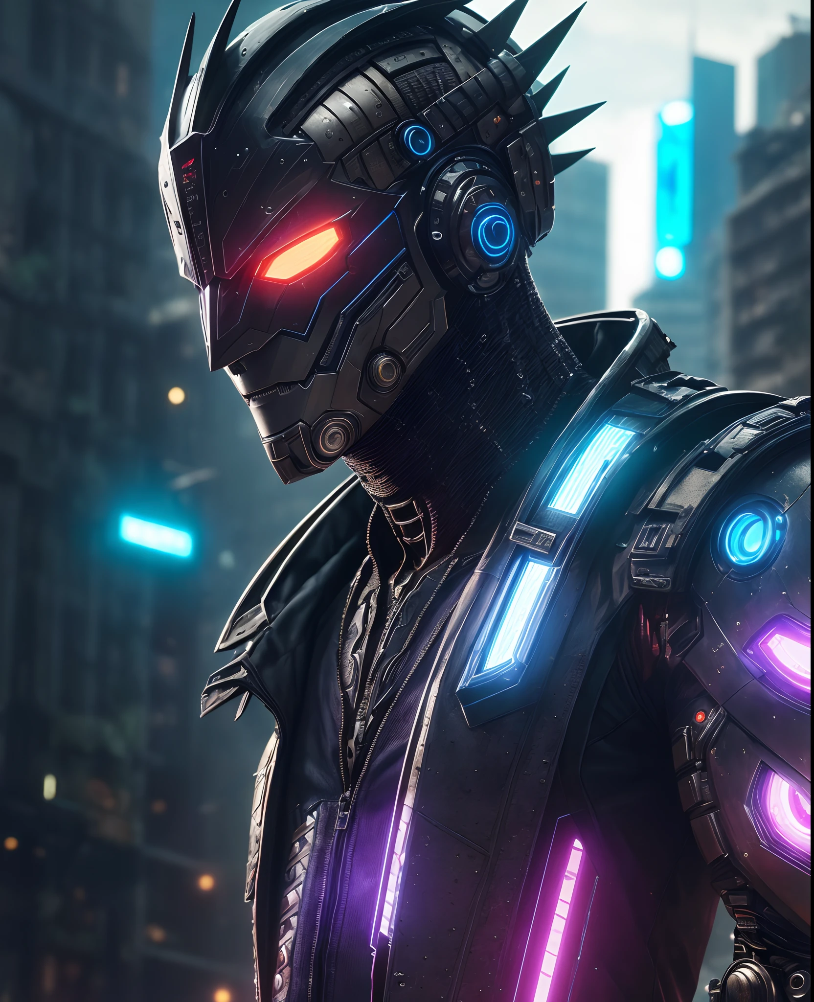 (extremely detailed 8k wallpaper), Close-up (futuristic masked cyborg Dirt-man From Marvel dressed in Goth style: 1.3) emerging from the the futuristic world, neon colours, extremely detailed, volumetric lighting