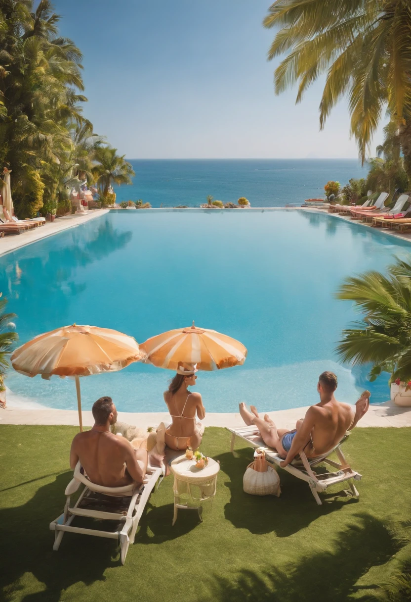 SFW scene of a pool party with blue water, beautiful lawn, strong sun, tables with colorful umbrellas, beach chairs and sun loungers with people lying down wearing swimwear and sunbathing, some people are having tropical drinks, plastic floats inside the pool colorful, in the water children playing with floats, masterpiece, high quality, niji:10