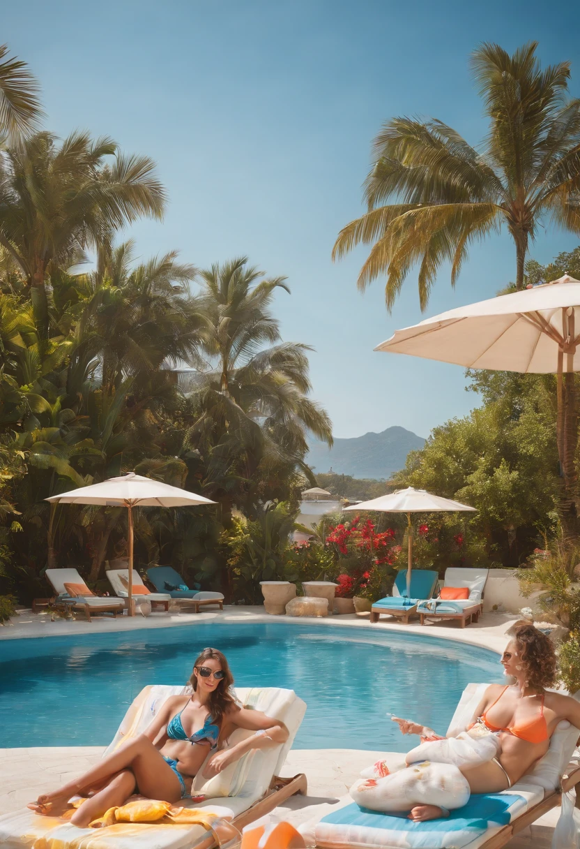 Couple of sisters sunbathing next to a pool.