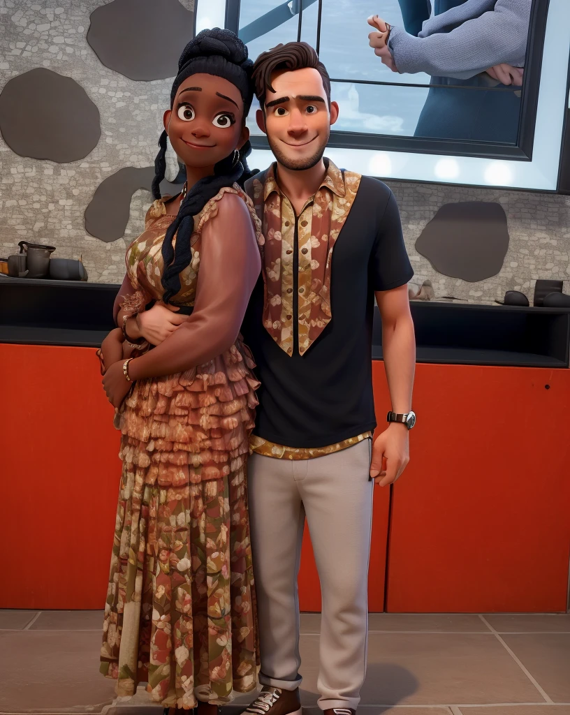 The image features a man and a woman standing next to each other, both wearing matching outfits. The man is wearing a black shirt, while the woman is dressed in a dress. They are posing for a picture, possibly at a party or a special event. In the background, there is a clock on the wall, and a picture can be seen hanging above them. The couple appears to be enjoying their time together, and their matching outfits suggest a sense of unity and shared interests