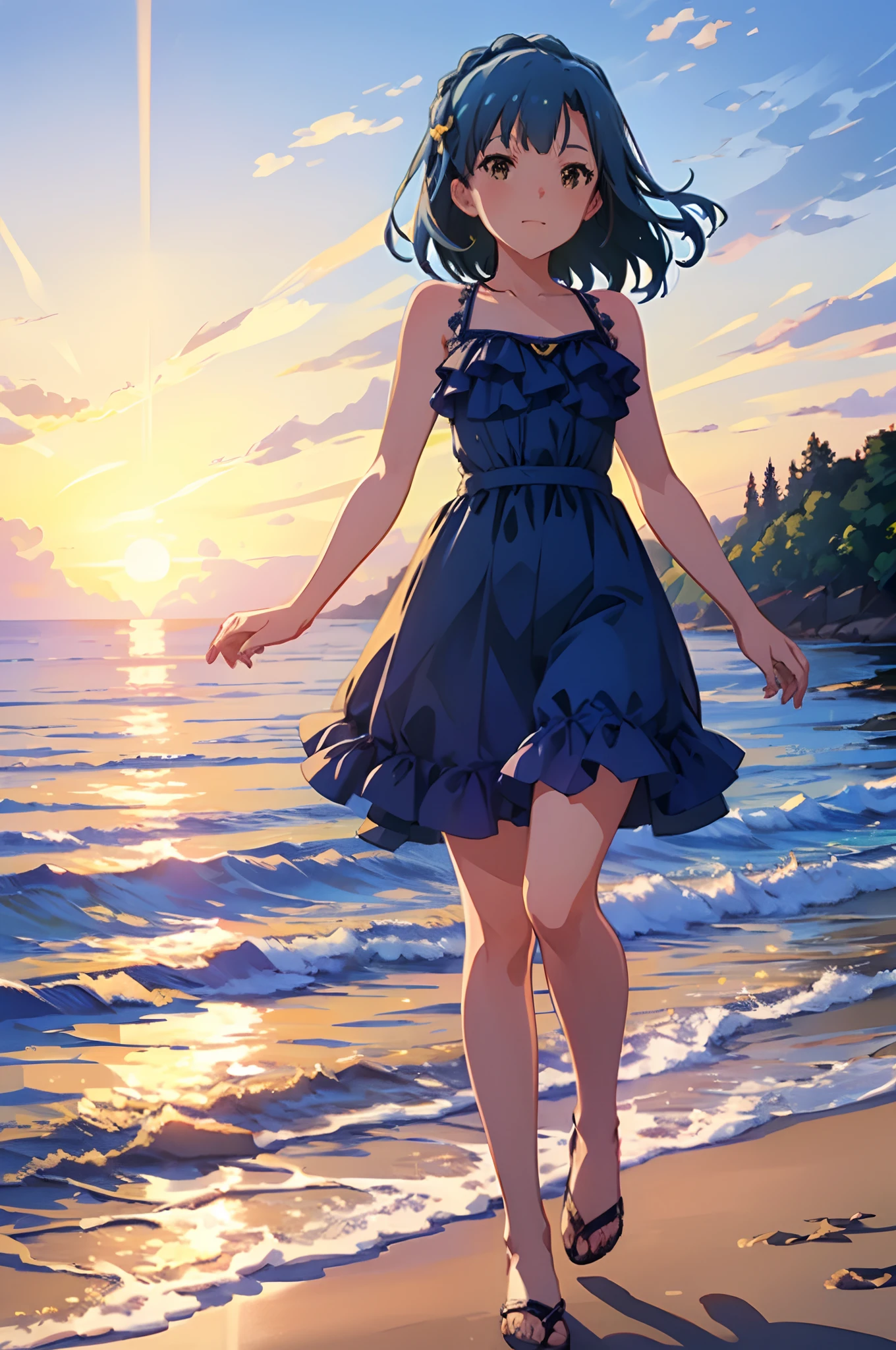 yuriko nanao (million live), 1 girl, Solo, Cute Girl, Best Quality, Ultra-detailed, 8K, High resolution, Detailed face, Shiny skin, (From below), Bob Hair, Walking on the beach, bikini of, (((plein air, Sunset, Beach,)))