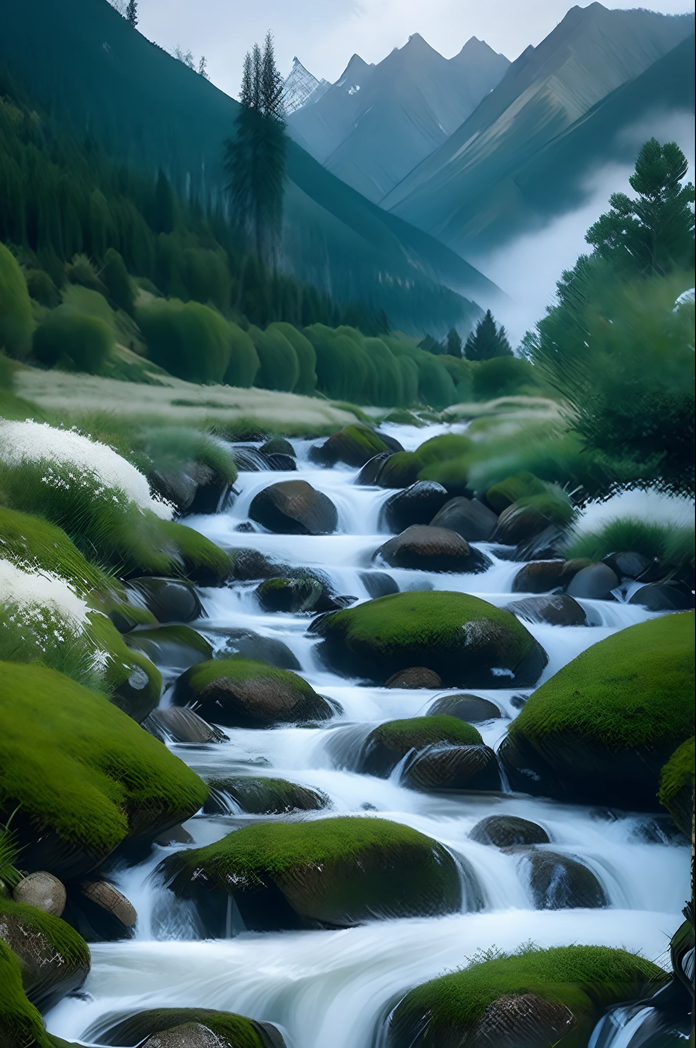 white backgrounid, scenecy, ink, mountain stream, rivulets, the trees