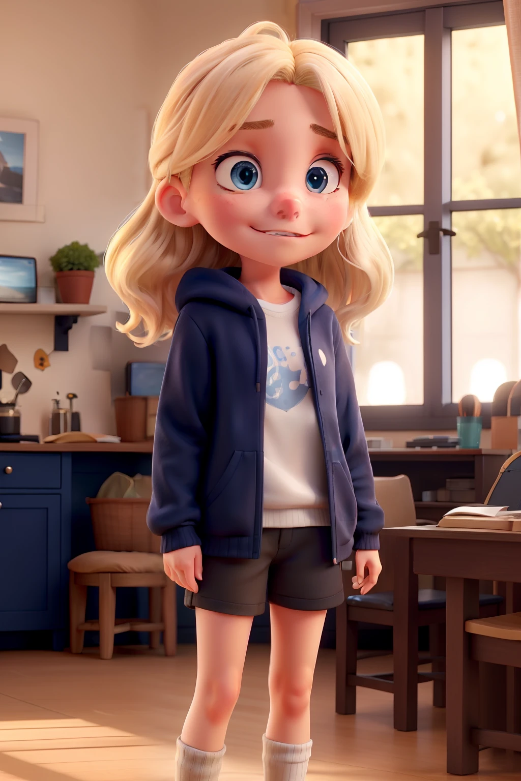 A blonde girl with blue eyes and black clothes with a cream-colored sweatshirt cause written mica as title