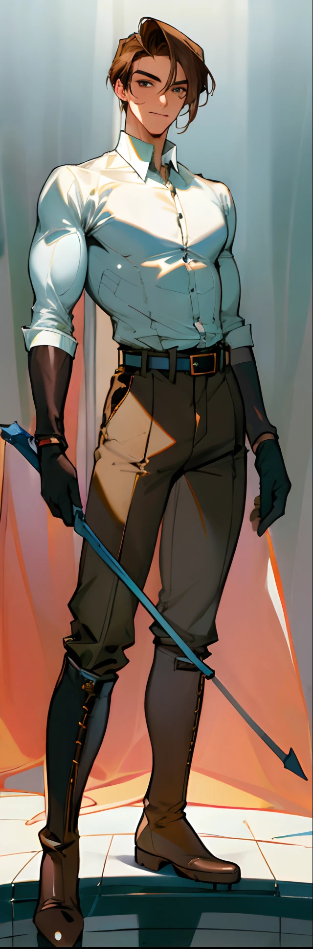(highest resolution, distinct_image) best quality, a man, solo, masterpiece, highly detailed, semi realistic, brown hair, bangs, (23 years old:1.4), mature, tall strong,paladin,(luxury hotel room background:1.2), cold, serious, tall, handsome, powerful, demi-god, godlike, exquisite facial features, (full body)(combat_boots:1.4)(dark pants:1.3),( gloves:1.5)(long sleeves),solo,(looking at viewer),(from below:0.4)(head turned upwards:0.3)(smiling:0.4)(holding riding crop:1.2)(muscular:1.2),(black belt), (shirt tucked in pants),(standing on ground), (marble floor)(mean:0.4)(seductive:0.5)(evil:0.9),detailed,(abs:0.9)(bdsm Equipment),(Link:1.3),Warrior,knight,(white button-up shirt)(masculine face)(big cape:1.1),