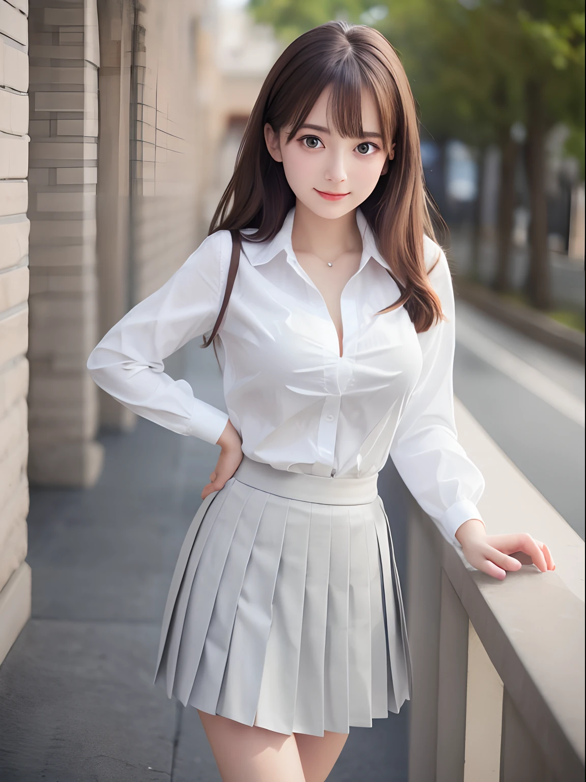 8K, Best Quality, real picture, Intricate details, ultra-detailliert, 超A high resolution, Depth Field,(Photorealistic,Realistic:1.2),masutepiece , straight-on shot , from miiddle ,
1girl in, AI_chan, an extremely beautiful 17-year-old girl, Innocent big eyes,、beutiful breast:1.5、ultradetailed eyes:1.2)、(Beautiful breasts:1.1)、hair wavy、、bangss、, flawless skin, Fair skin, Huge breasts, cleavage, Narrow waist, Light blush, Solo, Looking at Viewer, lightsmile,
((School_uniform), (white shirt), (Grey pleated skirt)
(Gravure Pose :1.1)