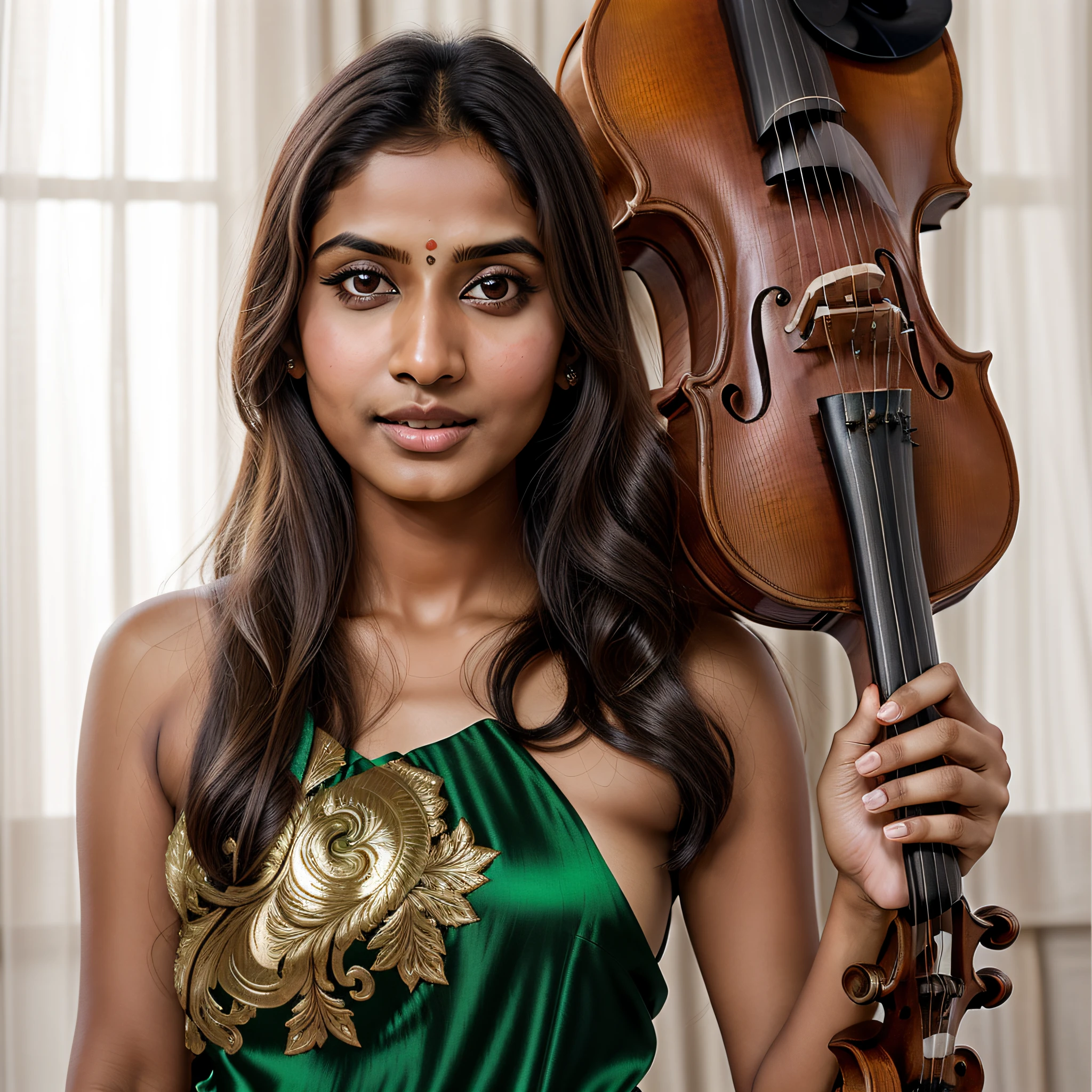 brunette Indian sexy woman with flowing hair, green eyes, wearing silk dress, holding a violin, standing on a violin, Direction: real digital art, violin, Hindu girl, Indian beauty, head and shoulder shot, beautiful violinist maiden Indian, Featured, beautiful hot young Indian girl, beautiful Indian woman with angelic face, inspired by perfect Indian beauty, complete Indian beauty theme.