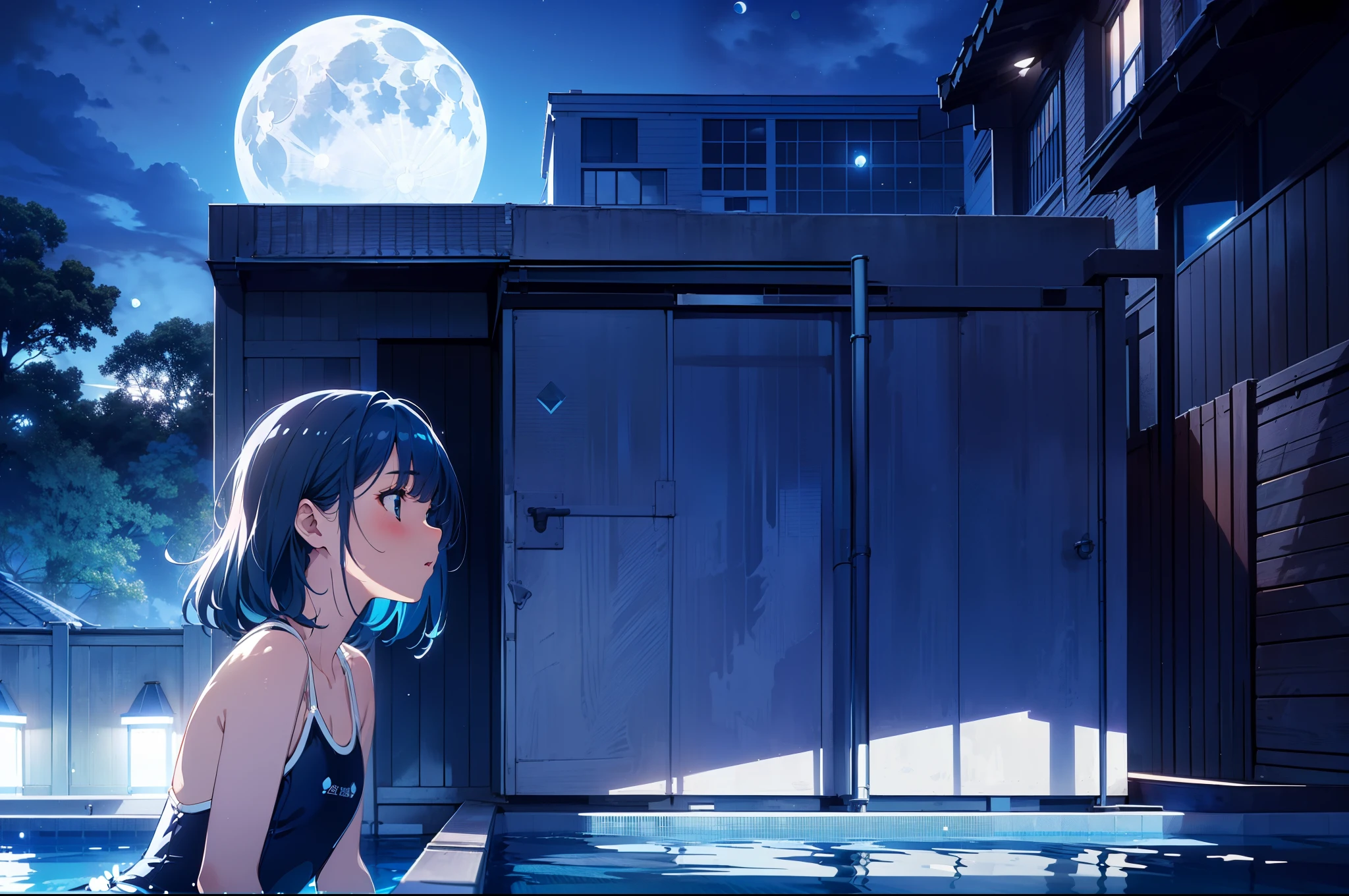 2D, masterpiece, Highest quality, anime, Very detailed, One Girl、Small breasts、Blue Hair、Shy laugh、semi-long、Side Tail、Naked with a wet towel、Open-air bath、Moonlit Night、