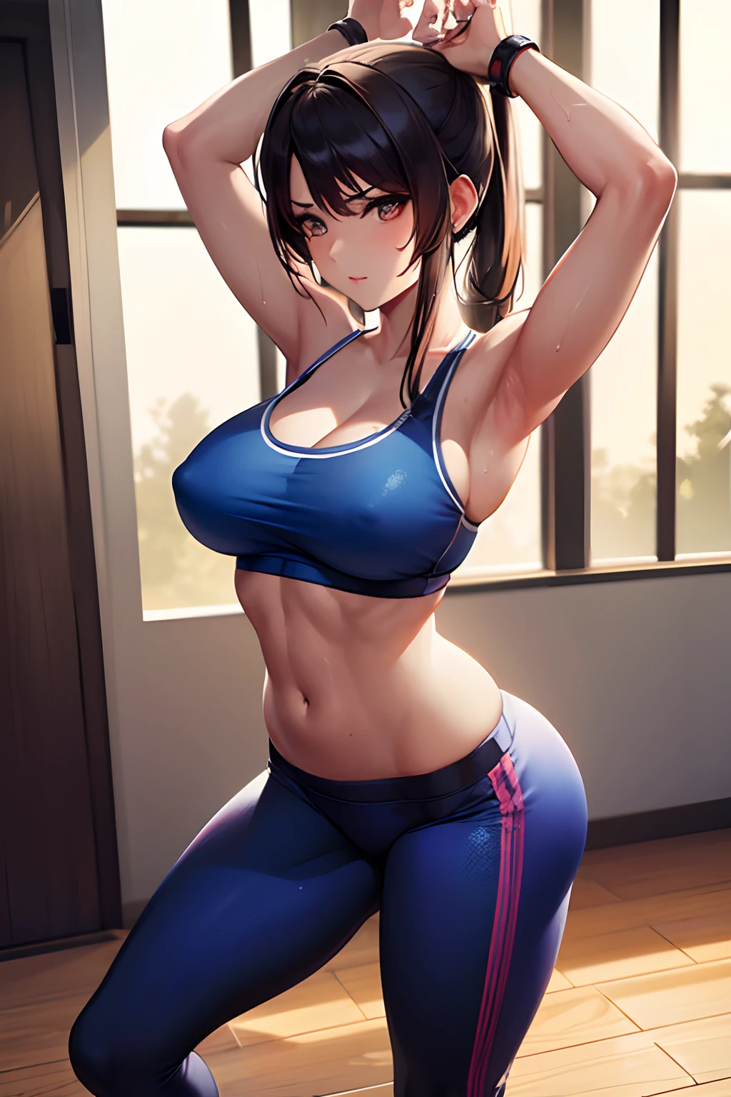 (hight resolution:1.2,masutepiece:1.2),Ultra-detailed,Realistic:1.4,1girl in,defined abs,chun li at the gym, Pose but strong, muscular thigh,Huge breasts,Chic,Sports Bra,Tight leggings,In the gym, Body sweat,Woman's face glistening with sweat,A large mirror in the interior of the gym,Glossy gymnasium floor,Clean gym equipment,Vibrant and energetic atmosphere,Strong and confident posture,Vivid colors,Professional Lighting,The determined look on the girl's face,A Powerful Movement,Fit and toned body,harmonious atmosphere;,Natural light coming in through the window,