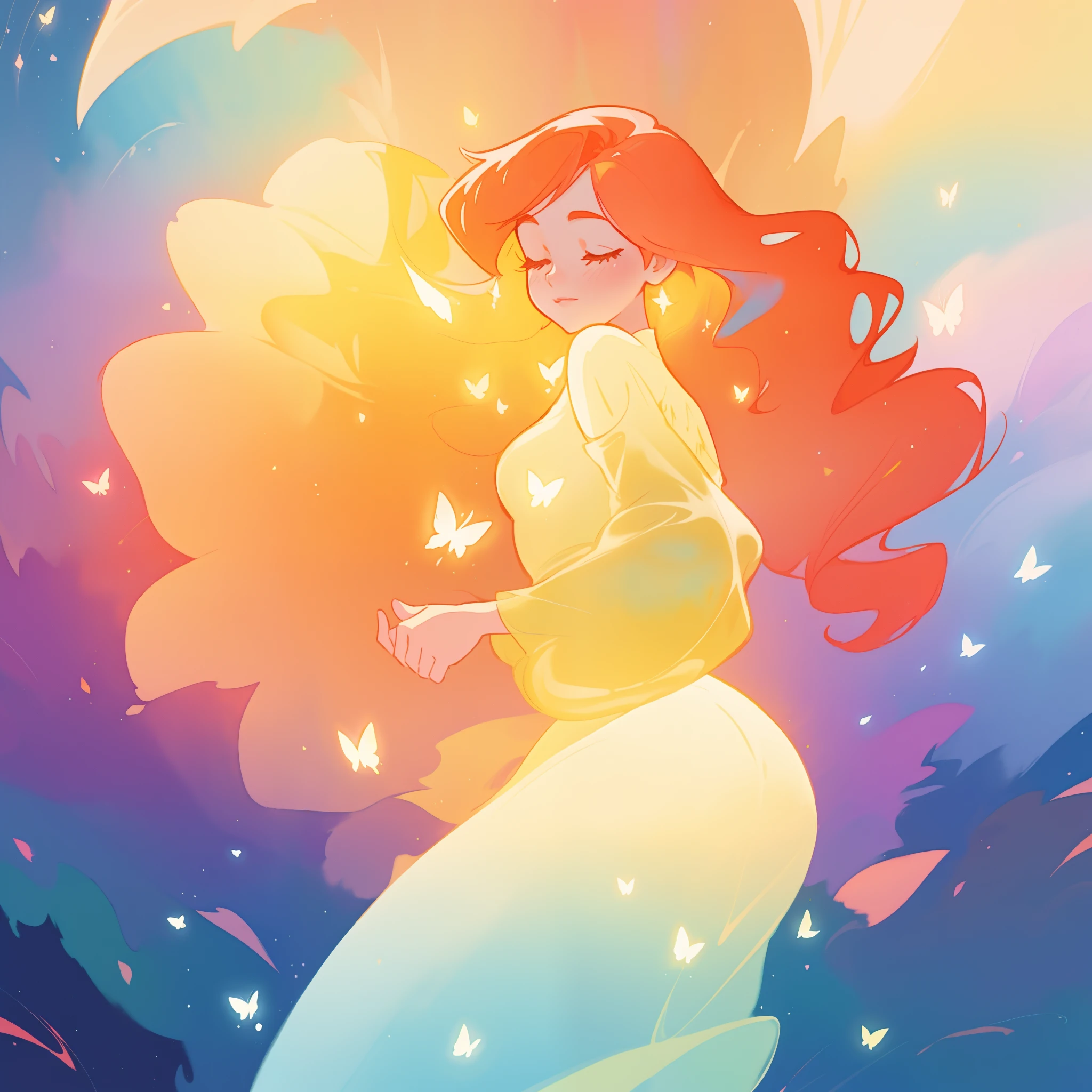 beautiful girl in flowing puffy gradient gold to aqua ballgown, flowing butterfly style sleeves, long sparkling red hair, delicate gold crown, fantasia background, watercolor illustration, inspired by Glen Keane, inspired by Lois van Baarle, disney art style, by Lois van Baarle, glowing aura around her, by Glen Keane, jen bartel, glowing lights! digital painting, flowing glowing hair, glowing flowing hair, beautiful digital illustration, fantasia otherworldly landscape plants flowers, beautiful, masterpiece, best quality, anime disney style