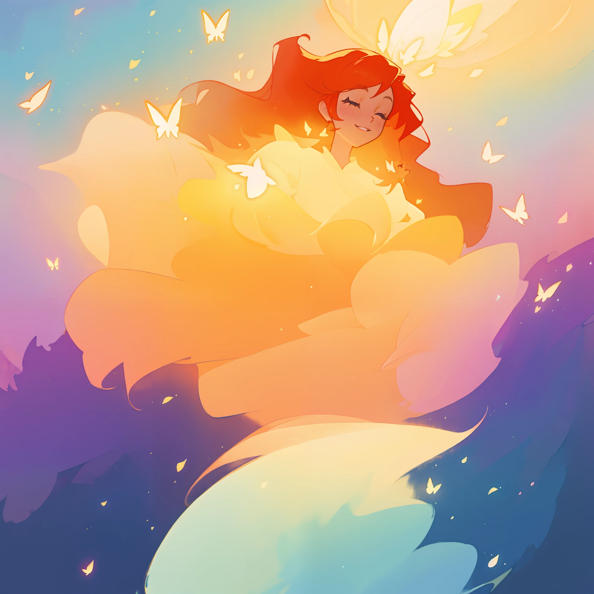 beautiful girl in flowing puffy gradient gold to aqua ballgown, flowing butterfly style sleeves, long sparkling red hair, delicate gold crown, fantasia background, watercolor illustration, inspired by Glen Keane, inspired by Lois van Baarle, disney art style, by Lois van Baarle, glowing aura around her, by Glen Keane, jen bartel, glowing lights! digital painting, flowing glowing hair, glowing flowing hair, beautiful digital illustration, fantasia otherworldly landscape plants flowers, beautiful, masterpiece, best quality, anime disney style
