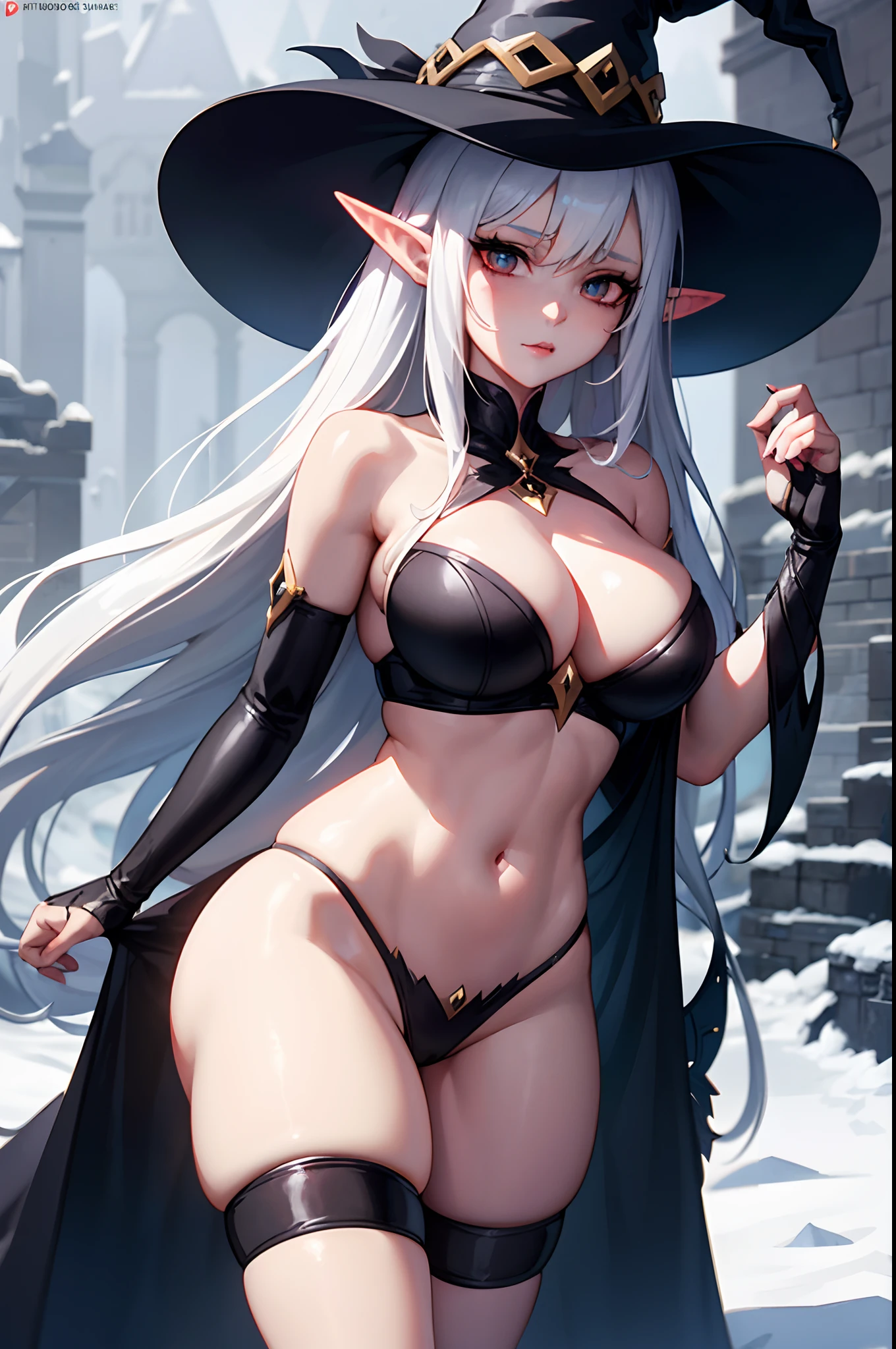witch with white hair and black hat posing in the snow, a beautiful sorceress, dark elf princess, beautiful sorceress, perfect white haired girl, pretty sorceress, seductive anime girl, 8k high quality detailed art, elf girl, beautiful succubus, flirty anime witch casting magic, extremely detailed artgerm, fantasy art style