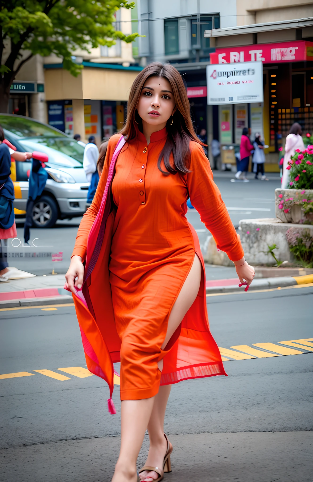 woman walking down the street in a dress and shoes, with lovely look, candid picture, desi, wearing a kurta, stylish pose, beautiful woman, handsome girl, new song, dressed with long fluent clothes, candid photo, beautiful look, pretty face!!, inspired by Ambreen Butt, very beautiful girl, full body! pretty face, walking towards camera