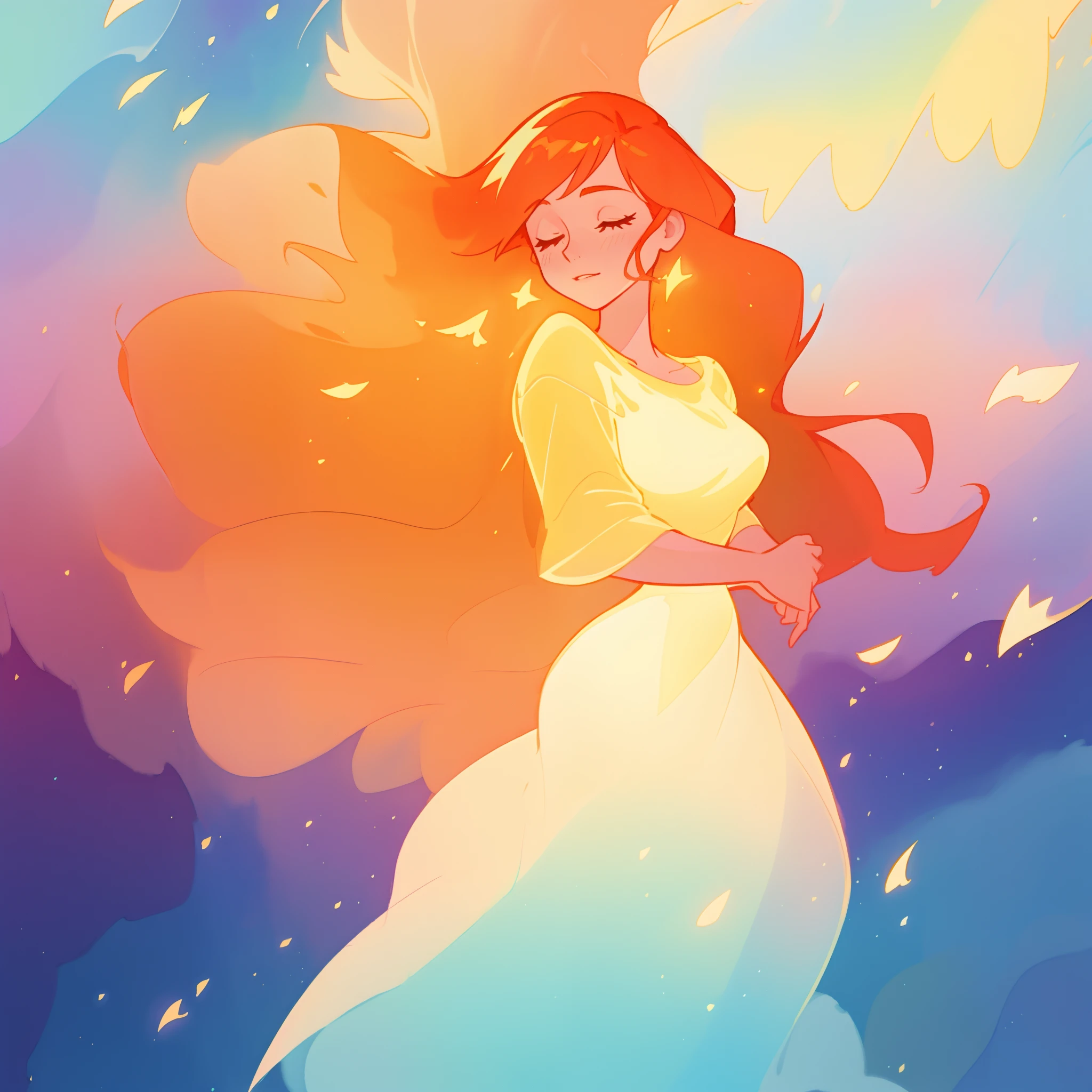 beautiful girl in flowing puffy gradient gold to aqua ballgown, long sparkling red hair, delicate gold crown, fantasia background, watercolor illustration, inspired by Glen Keane, inspired by Lois van Baarle, disney art style, by Lois van Baarle, glowing aura around her, by Glen Keane, jen bartel, glowing lights! digital painting, flowing glowing hair, glowing flowing hair, beautiful digital illustration, fantasia otherworldly landscape plants flowers, beautiful, masterpiece, best quality, anime disney style