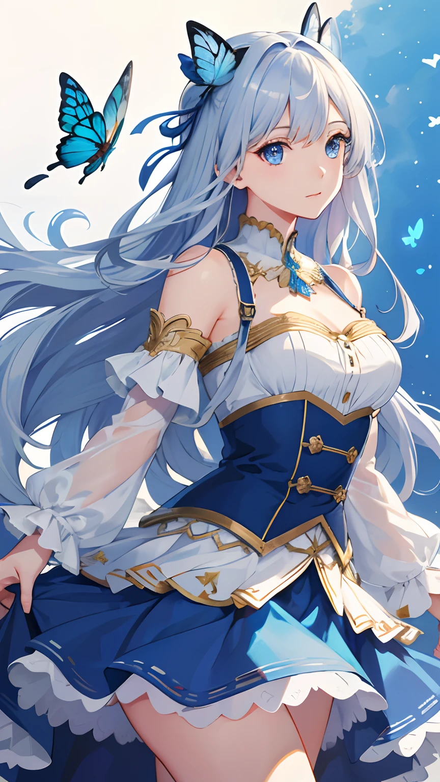 (illustration:1.1),(Best quality),(Masterpiece:1.1),(beautiful and clear background:1.25),(Masterpiece, Best quality, Ultra-detailed), (Photorealistic), (Beautiful detailed eyes),
Stage,stage light,(Hair),
,blue skirts,1girll,blue color eyes,long white hair,Flying blue butterflies,
Bare shoulders