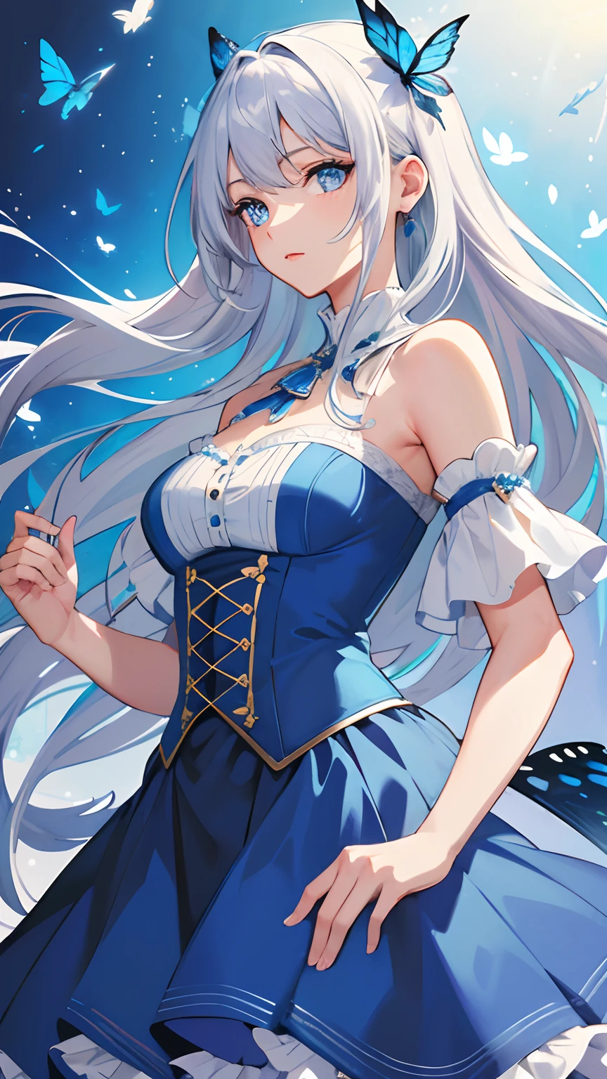 (illustration:1.1),(Best quality),(Masterpiece:1.1),(beautiful and clear background:1.25),(Masterpiece, Best quality, Ultra-detailed), (Photorealistic), (Beautiful detailed eyes),
Stage,stage light,(Hair),
,blue skirts,1girll,blue color eyes,long white hair,Flying blue butterflies,
Bare shoulders