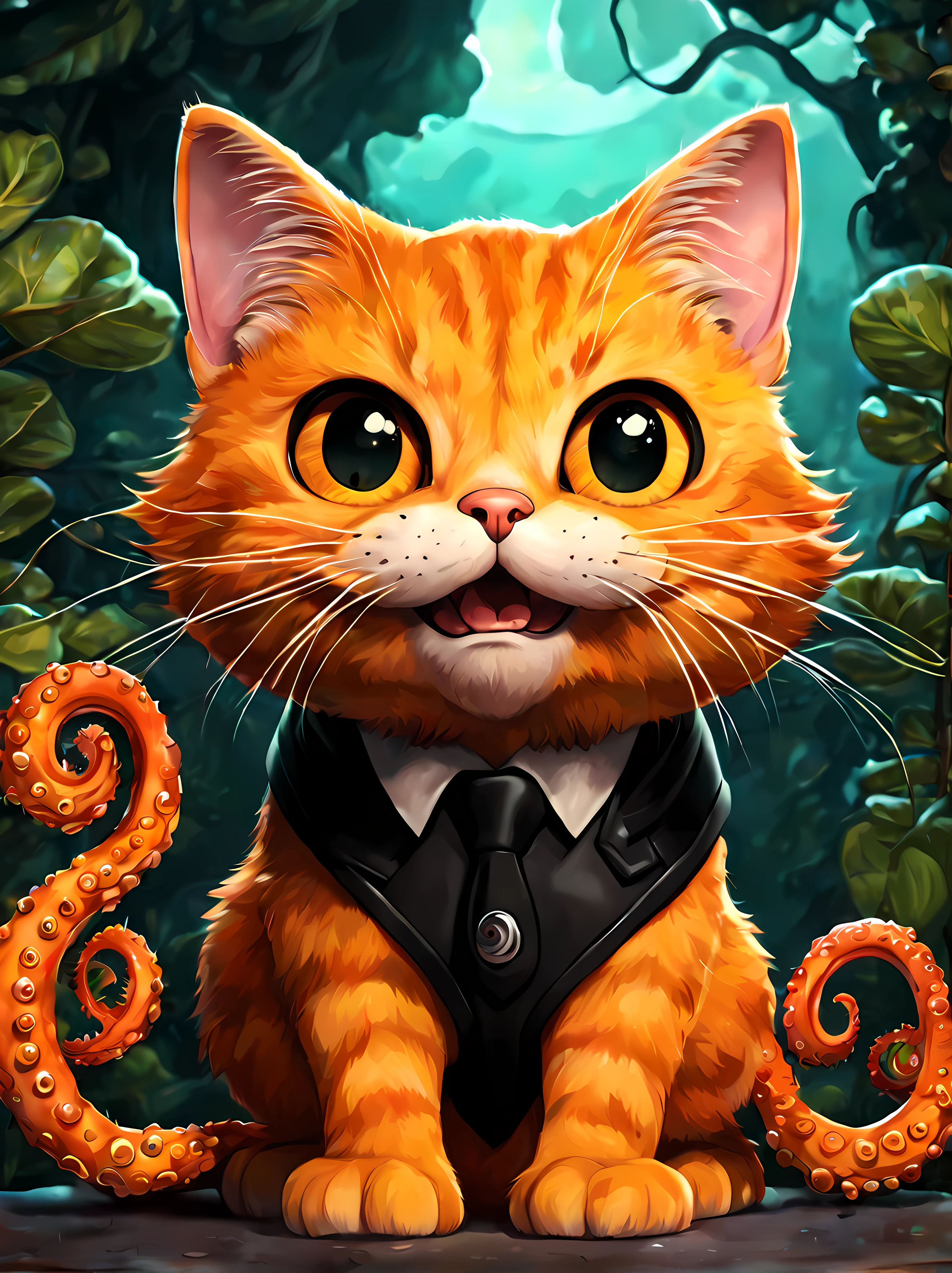 (cute cartoon style:1.3), (solo:1.3), flerken from marvel comics orange cat with ((tentacles coming from its mouth)) wearing a black collar (((looking at the viewer))), (surrounded by mysterious nature), masterpiece, 4k, highly detailed, shiny