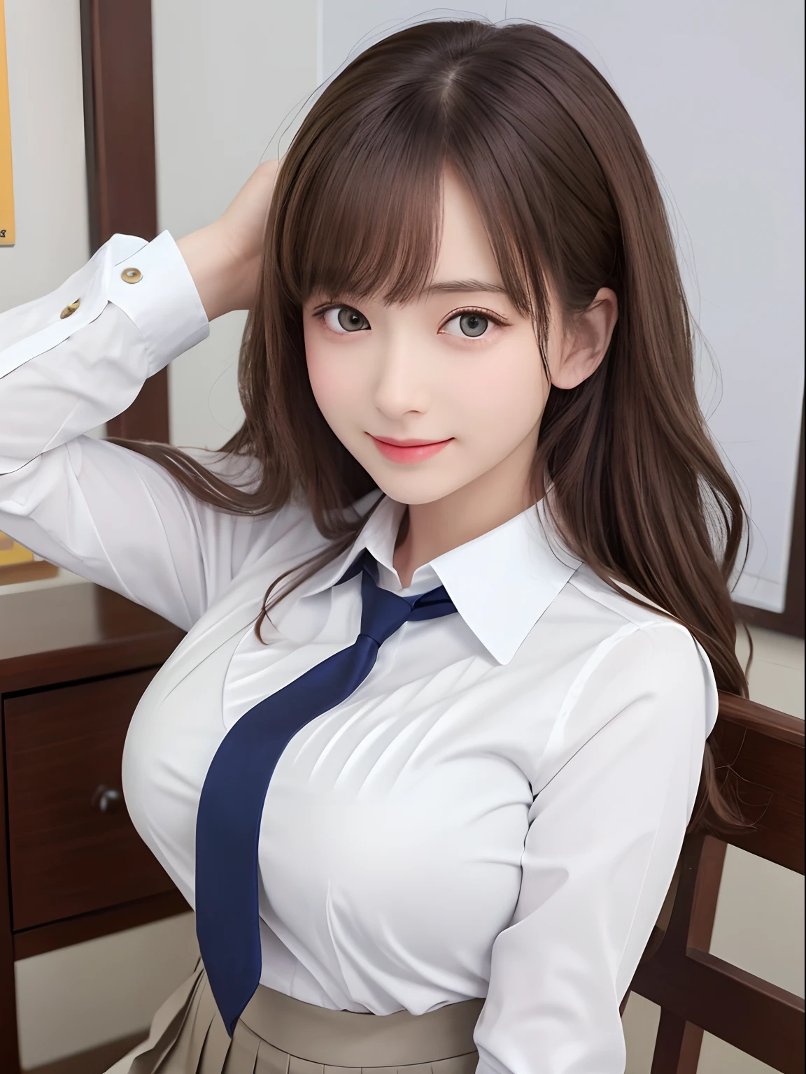 8K, Best Quality, real picture, Intricate details, ultra-detailliert, 超A high resolution, Depth Field,(Photorealistic,Realistic:1.2),masutepiece , straight-on shot , from miiddle ,
1girl in, AI_chan, an extremely beautiful -yeld gi Innocent big eyes,、beutiful breast:1.5、ultradetailed eyes:1.2)、(Beautiful breasts:1.1)、hair wavy、curlyhair、bangss、, flawless skin, Fair skin, Huge breasts, cleavage, Narrow waist, Light blush, Solo, Looking at Viewer, lightsmile,
((School_uniform), (white shirt、Wearing a tie), (Grey pleated skirt),
(Gravure Pose :1.1)