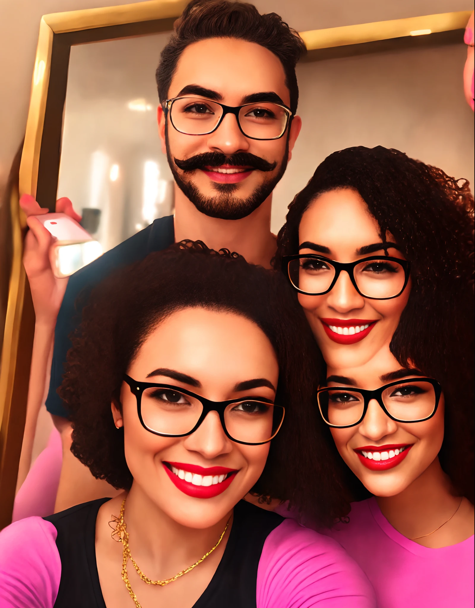 Pixar animation of a couple taking a mirror selfie a 28 year old woman light tan skin holding a black iPhone 12 smiling with pink lips a nose ring clear glasses frame perfect eyebrows honey brown eyes a black shirt she’s has a curvy body hair up on a pony tail and natural pink colored nails that are short pointed and a thin gold necklace with the letter k, the 26 year old man behind her smiling brown eyes a trimmed mustache has a goatee grey tshirt short curly hair tan skin