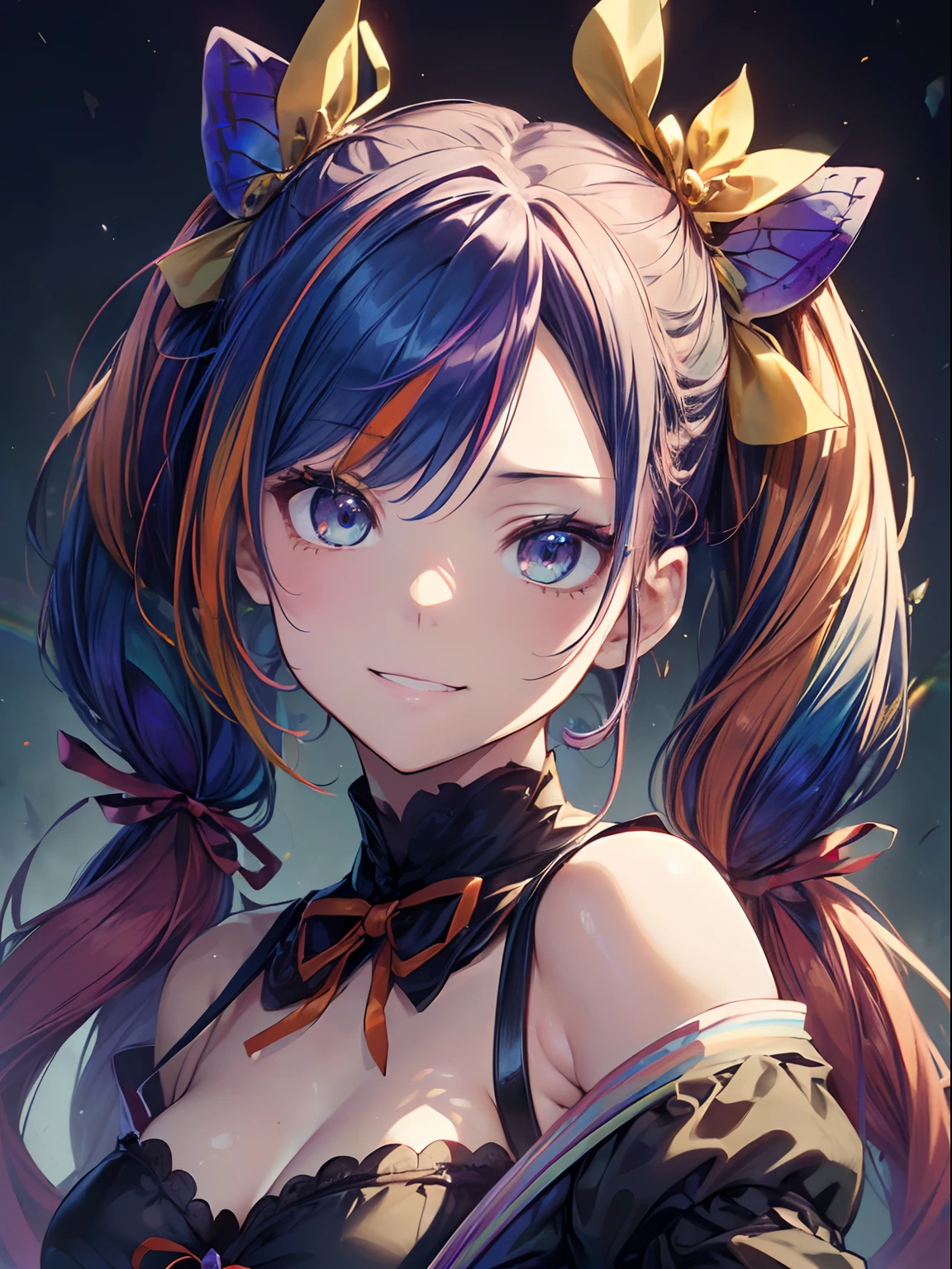 (masutepiece:1.3), (8K, Photorealistic, Raw photo, Best Quality: 1.4), Beautiful face, (Realistic face), Beautiful detailed eyes, (Realistic skin), Attractive, Intricate details,Golden ratio,  1 girl,Naughty smile, (rainbow hair:1.4),((Long twintails,Ribbon 1.4)),Halloween Cosplay,(Blue Butterfly Hair Ornament 1.3),
