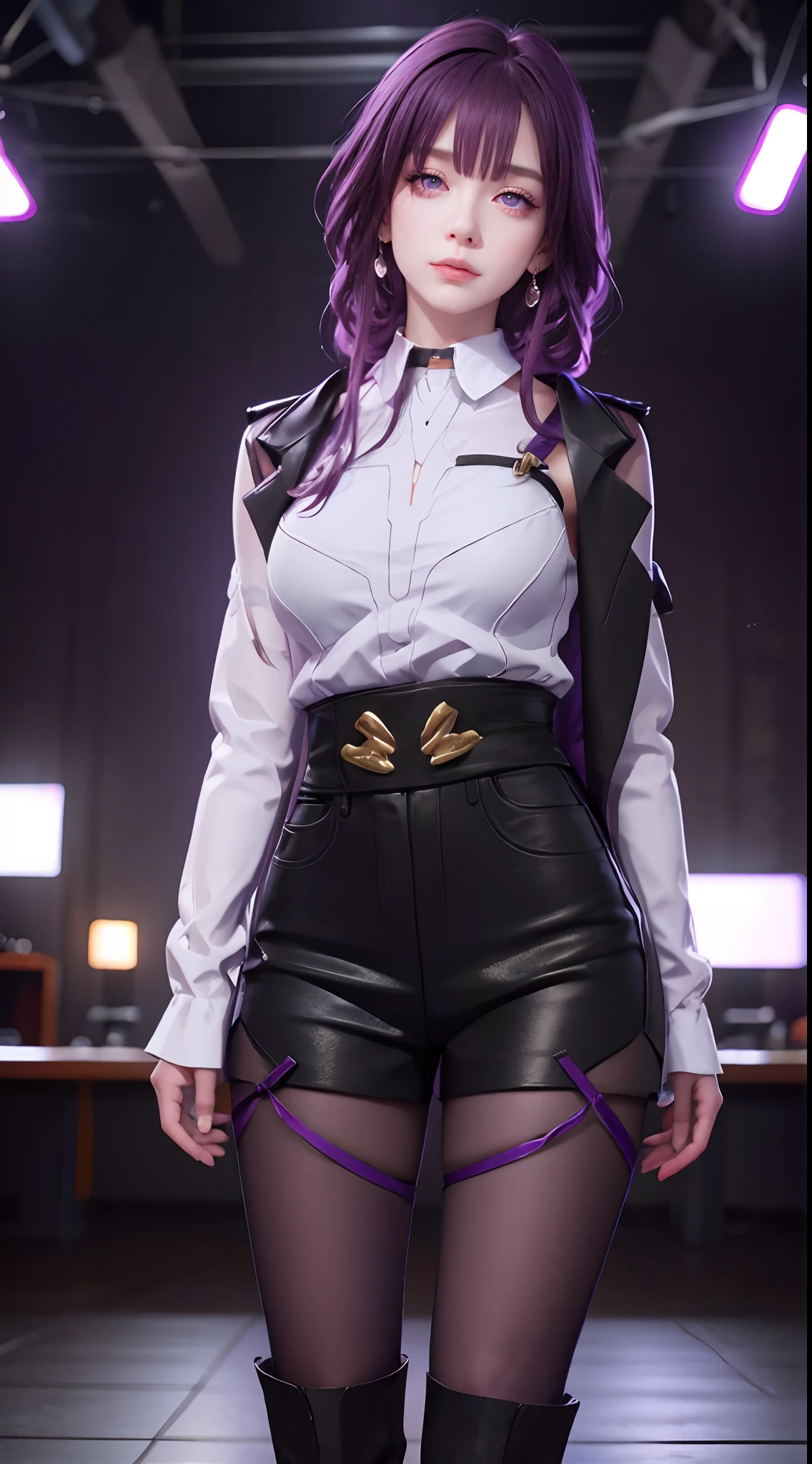 Hands Behind Her Back, Masterpiece, Best Quality, 1girl, Official, Purple Eyes, Purple Hair, Busty, Cowboy Shot, Looking at the Audience, Dark, (Darkness), Cinematic Light, Edge Light, Delicate Eyes, (pureerosface_v1:0.5), Looking at the Audience, (Realisticity: 1.2), Tease, Broken Star Track, Cross-legged, Arrogant, Bangs Evil Face, Apocalyptic Background