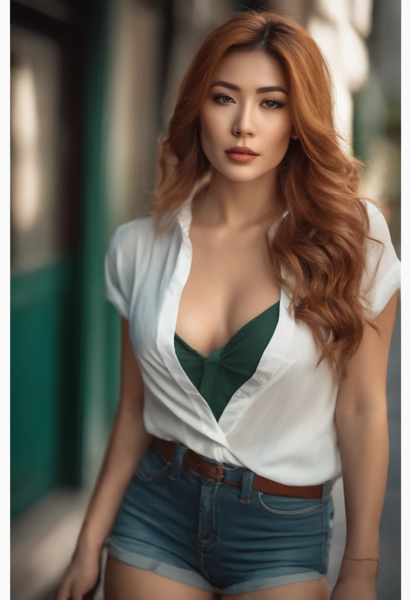 professional, (4k photo:1.1) , high detail, wearing (tight shirt:1.2), beautiful detailed face, an attractive asian woman with long hair looks into the camera, looking like actress Katherine McNamara, panasonic lumix s pro 50mm f/1.4, anne stokes, color splash, dark orange and dark emerald, ferrania p30, photo realistic, (attractive young woman:1.3), (seductive:1.1), (blushing:1.1), hourglass body shape, big round breasts, wide hips, in background city, white shirt, short jeans