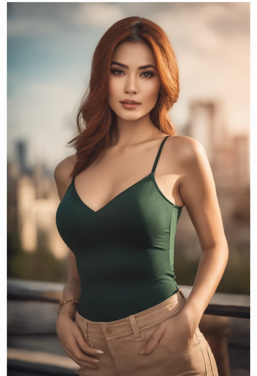 professional, (4k photo:1.1) , high detail, wearing (tight shirt:1.2), beautiful detailed face, an attractive asian woman with long hair looks into the camera, looking like actress Katherine McNamara, panasonic lumix s pro 50mm f/1.4, anne stokes, color splash, dark orange and dark emerald, ferrania p30, photo realistic, (attractive young woman:1.3), (seductive:1.1), (blushing:1.1), hourglass body shape, big round breasts, wide hips, in background city, white shirt, short jeans