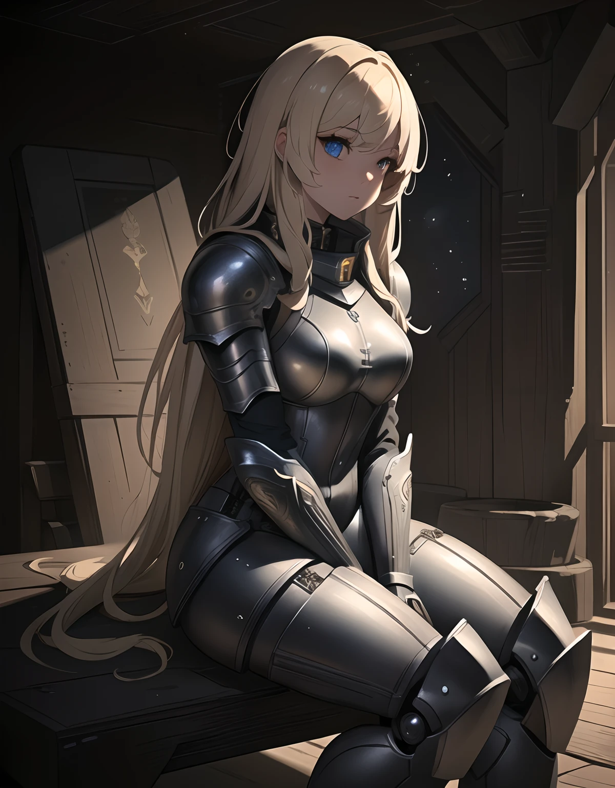 (((masterpiece))), (((best quality))), ((ultra-detailed)), (cinematic lighting), (illustration), (beautiful detailed eyes), (1girl), full body, space, knight, armour, light hair, sitting on robot horse, jumpsuit, forest,