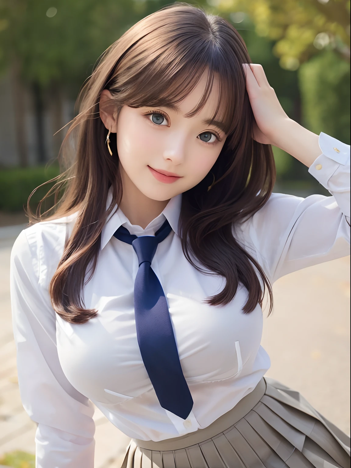 8K, Best Quality, real picture, Intricate details, ultra-detailliert, 超A high resolution, Depth Field,(Photorealistic,Realistic:1.2),masutepiece , straight-on shot , from miiddle ,
1girl in, AI_chan, an extremely beautiful 17-year-old girl, Innocent big eyes,、beutiful breast:1.5、ultradetailed eyes:1.2)、(Beautiful breasts:1.1)、hair wavy、curlyhair、bangss、, flawless skin, Fair skin, Huge breasts, cleavage, Narrow waist, Light blush, Solo, Looking at Viewer, lightsmile,
 ((School_uniform), (white  shirt、Wearing a tie), (Grey pleated skirt), 
(Gravure Pose :1.1)