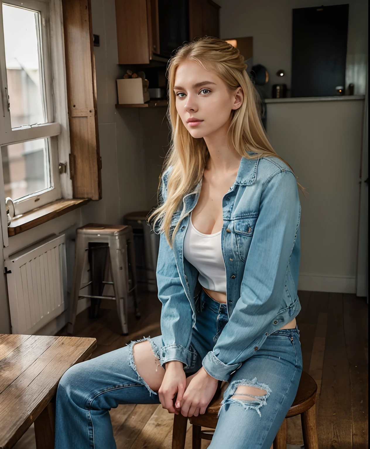 a woman in a denim jacket and jeans sitting on a stool, anna nikonova aka newmilky, beautiful blonde girl, photo of slim girl model, sexy girl, yelena belova, beautiful model girl, casual pose, beautiful girl model, attractive pose, alexa grace, blonde girl, young beautiful amouranth, sexy pose, attractive girl, amouranth