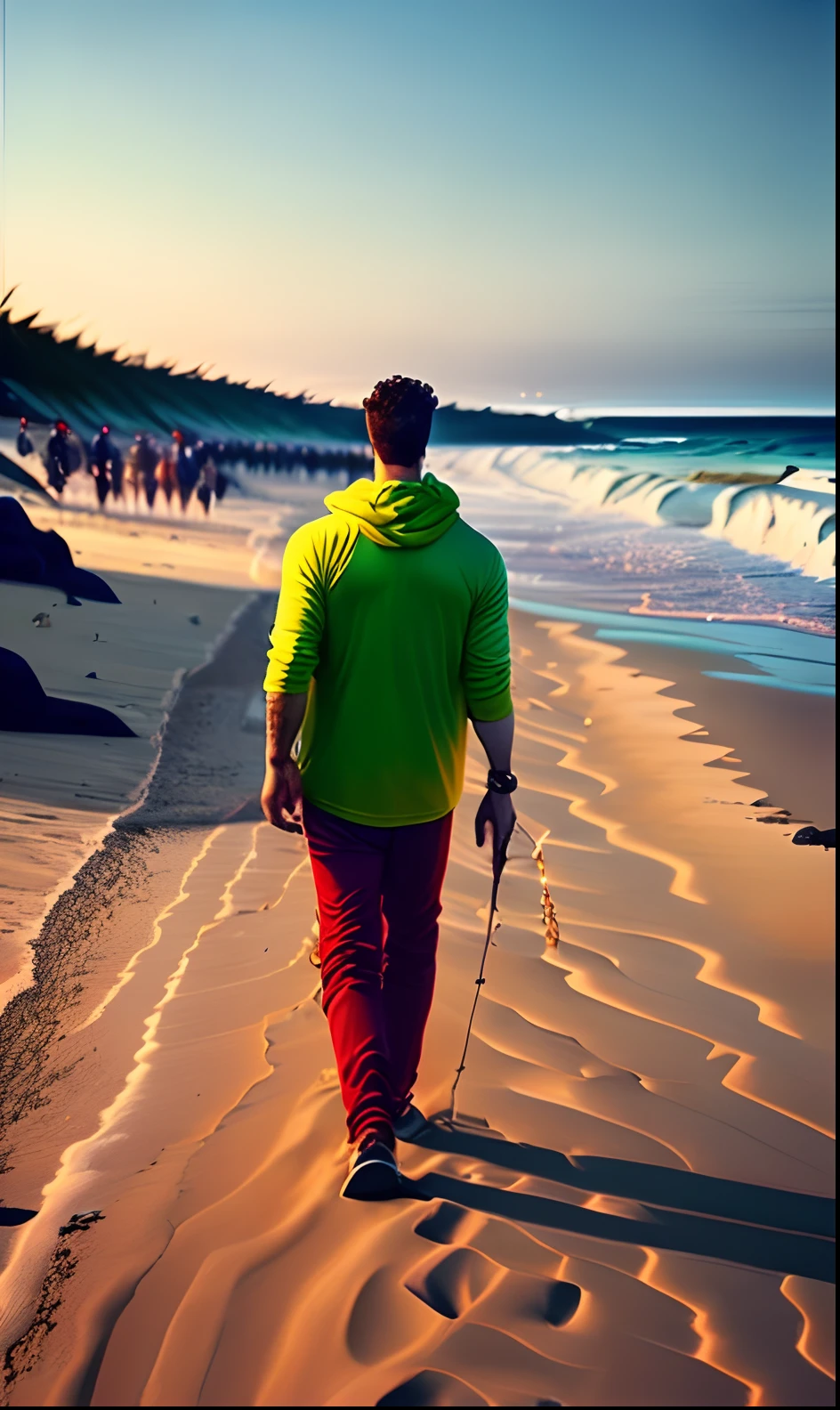 Um homem de terno apoiado na sua Ferrari parada na praia olhando para o mar a sua frente e uma cidade ao fundo, enquanto um iate passa com suas luzes ligadas em uma noite estrelada