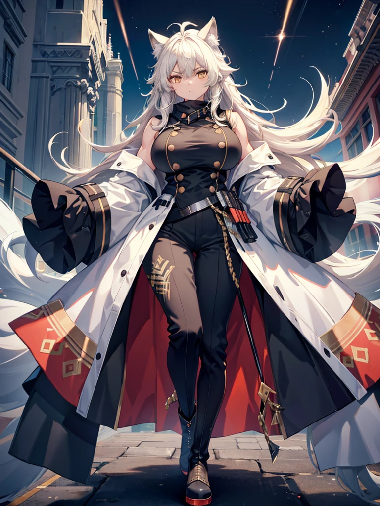 de pele branca, Massive, muscular girl, Kaiju, aggressive, Proud,long, wavy white hair,Long dark blue coat,very very gigantic boobs,muffler,Wolf Girl,Golden decoration,big tail,trouser,Big animal ears,huge sword,long boots,Warm clothing,Clothes that are large in size,No skin exposure,Fluffy,venusbody,arknights,angry,