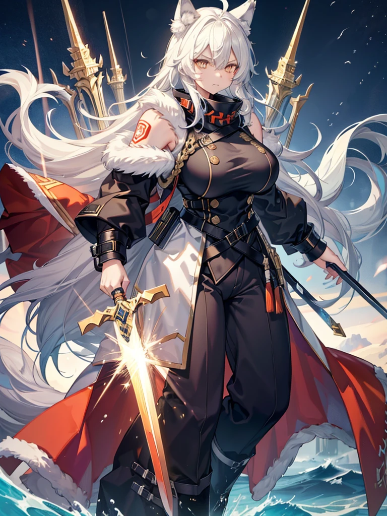 de pele branca, Massive, muscular girl, Kaiju, aggressive, Proud,long, wavy white hair,Long dark blue coat,very very gigantic boobs,muffler,Wolf Girl,Golden decoration,big tail,trouser,Big animal ears,huge sword,long boots,Warm clothing,Clothes that are large in size,No skin exposure,Fluffy,venusbody,arknights,angry,