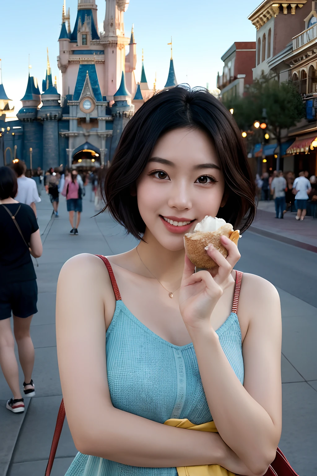 (Best quality, 8k, 32k, Masterpiece, UHD:1.2), Photo of Pretty Japanese woman, medium size breasts, bob hairstyle, short Black Hair, sexy body, JAV, dramatic lighting, Generate a vibrant and joyful art piece featuring a Japanese girl model with a chic bob hairstyle, strolling and reveling in the magic of Disneyland. Capture the essence of her carefree enjoyment, with dynamic elements like colorful attractions, cheerful crowds, and iconic Disney landmarks in the background. Emphasize the playfulness of the moment through the girl's expressions and body language. Ensure the art exudes a lively atmosphere, combining the elegance of the model with the enchantment of the theme park, creating a scene that radiates happiness and excitement. eating at Disneyland