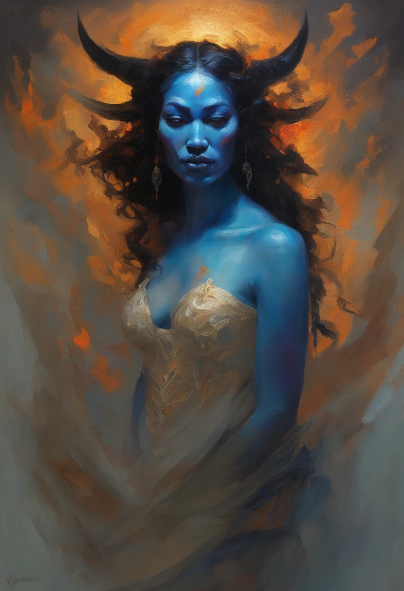 a seductive demon woman with asian/Arabic features, blue skin, pele com escamas, demon wings, resembling a succubus, and identified as Na'amah, night time, candle light, ancient environment