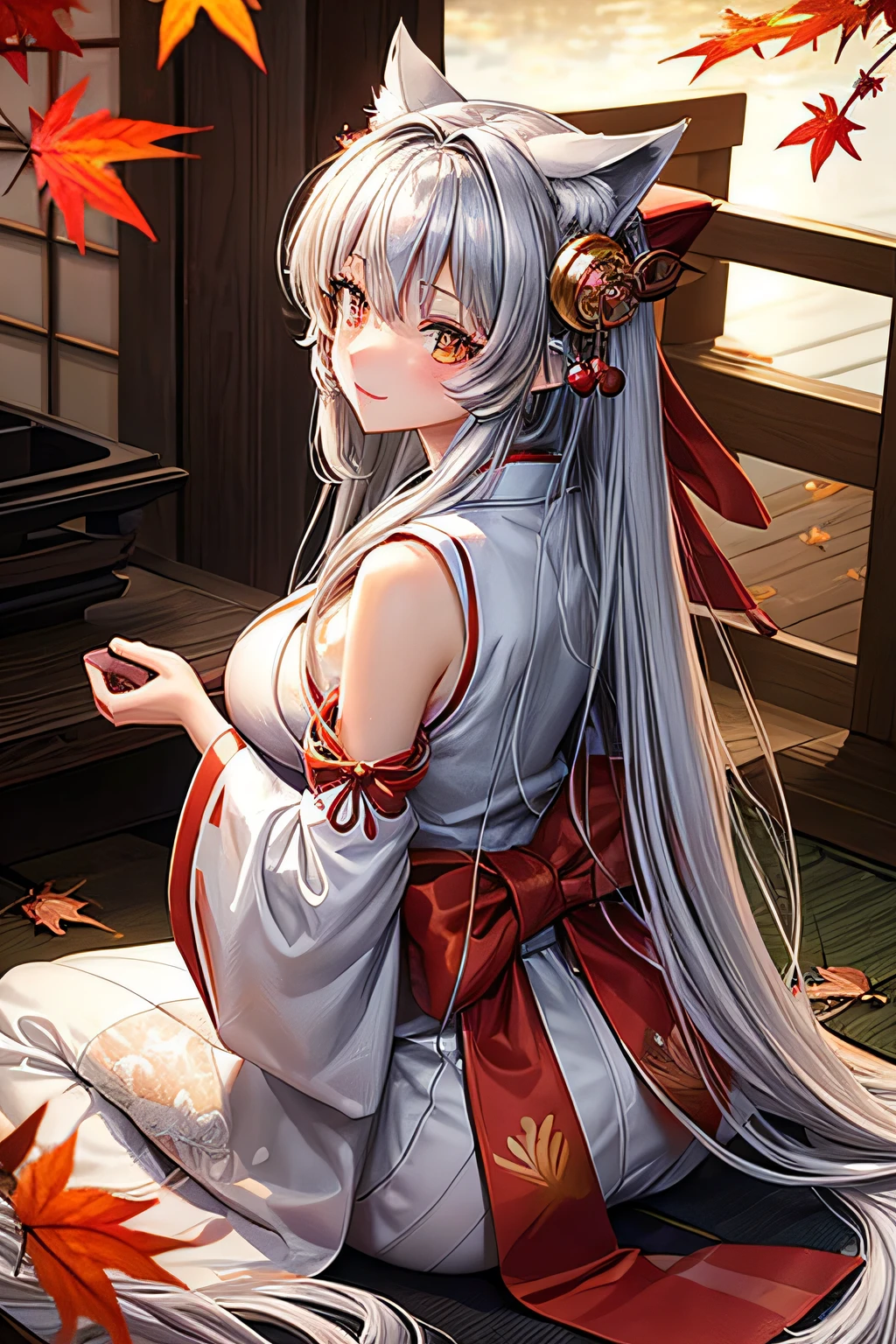 ((worst quality, low-quality)), ((🦊Eared girl)), Solo, Big breasts, ((Long silver hair)), plump shiny lips, Beautiful clear eyes, (Golden Eyes, kirakira), Spoken Heart, ((Japanese shrine maiden, Intricate and majestic beautiful pattern)), embarrassed, Looking back,  (Moon), (rays of moonlight:1.4), Autumn foliage picking, leaves falling, (( Background of autumn leaves)), high-angle shot, masutepiece,Best Quality,ultra-detailliert, ​masterpiece,
