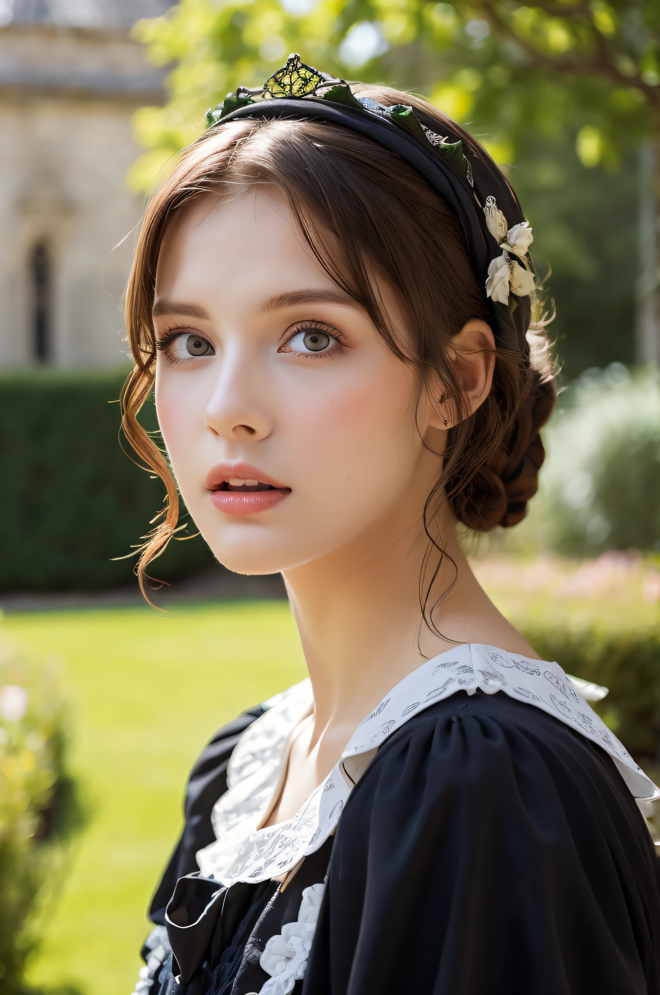 (masterpiece), best quality, expressive eyes, perfect face, cinematic scene, young model in Victorian clothing, head up, mouth half open, light makeup, internal garden in the courtyard of a medieval castle in the background, intricate, insanely detailed, ultra realistic, DSLR, 8K