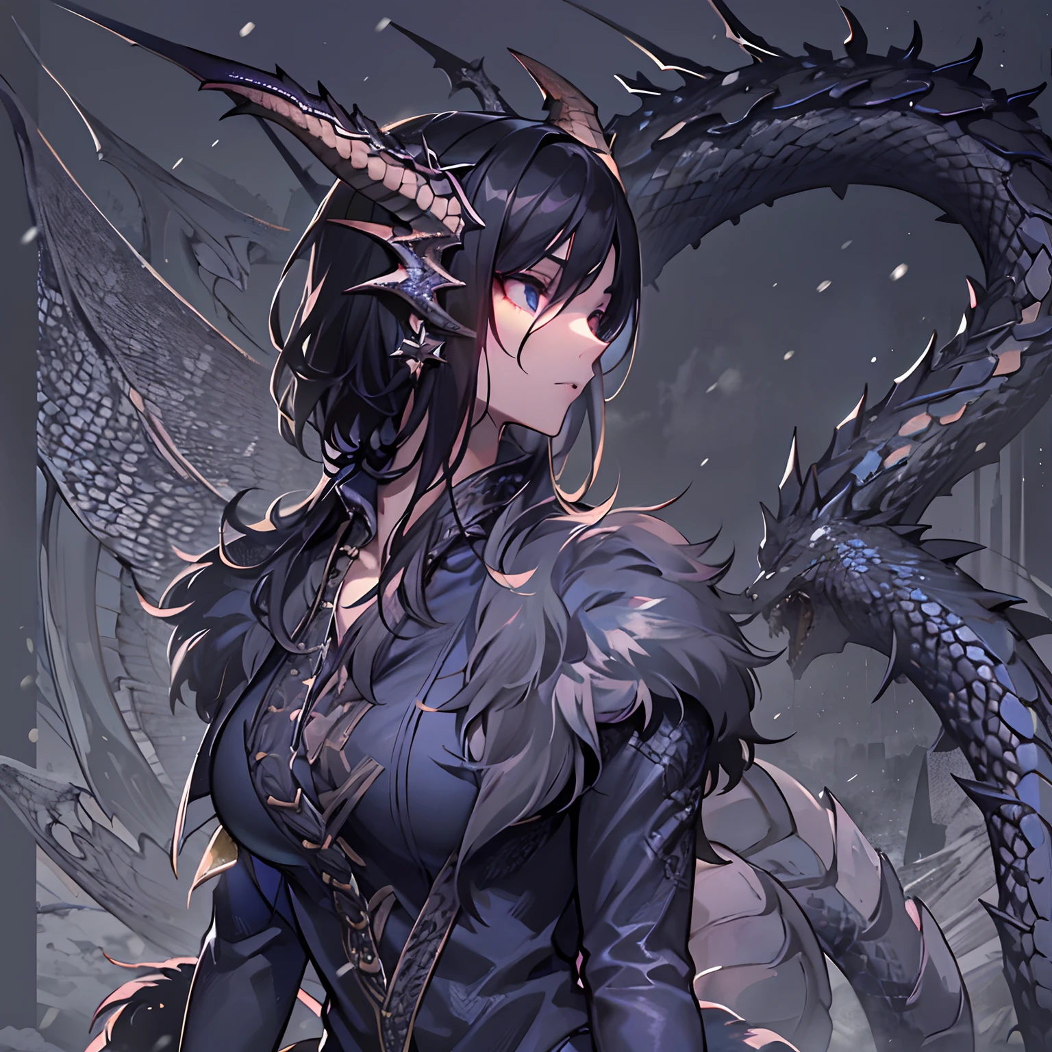 (High resolution, best quality, masterpiece), detailed, ultra detail, 1female, physically fit, curvy, slender body, fierce expression, dark eyes, (detailed eyes), black hair, short length hair, full body, ((dragon horns)), ((face: dragon scales)), face covered in scales, ((topwear: fur lined coat, bottomwear: tight jeans)), snow background, part draconic, somber expression, inhuman, reptilian skin
