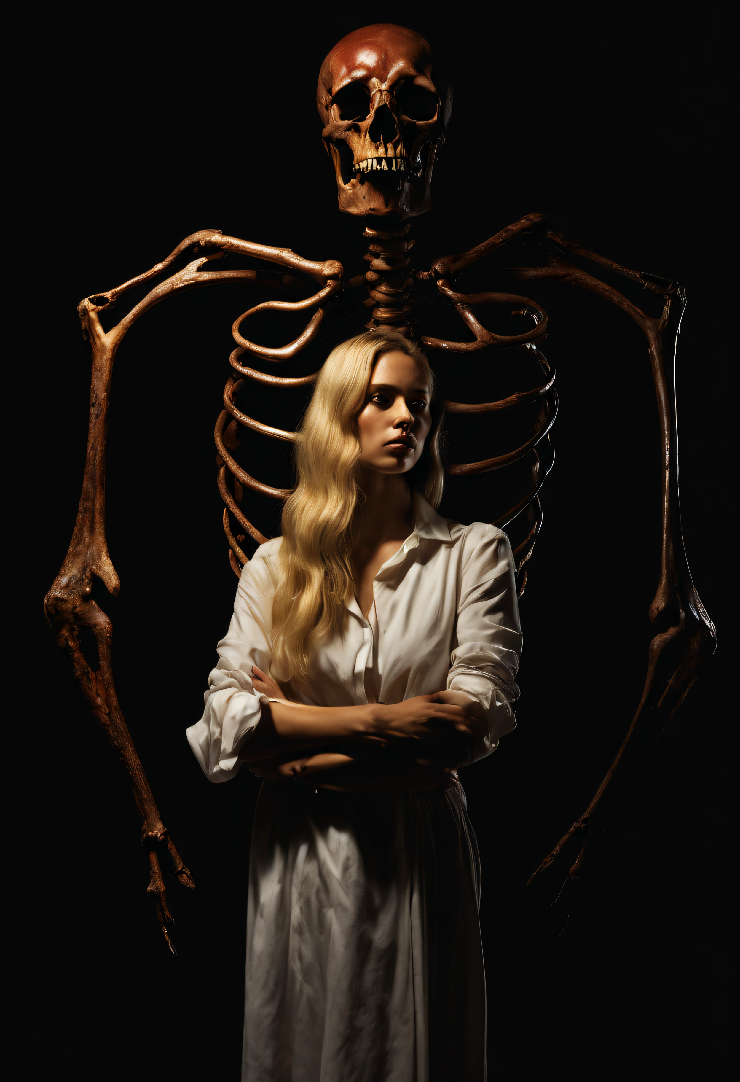 "(The best lighting, alto contraste, oscuro, dramatic),(Chica rubia junto a una cabra negra gigante, Open the rib cage, feto, autopsia, huesos humanos, sangre por las paredes). Luz Caravaggio"