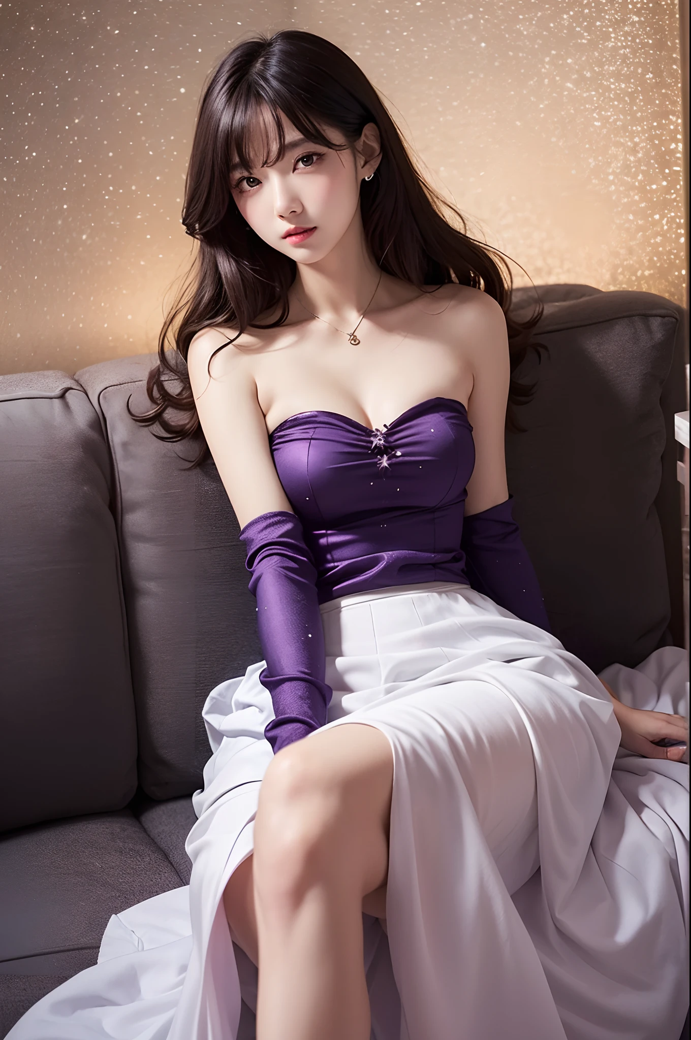 Detailed background, masutepiece, Best Quality, 1 person , Curly hair, Long hair, Purple eyes, stars in the eyes , Strapless blouse, long skirt