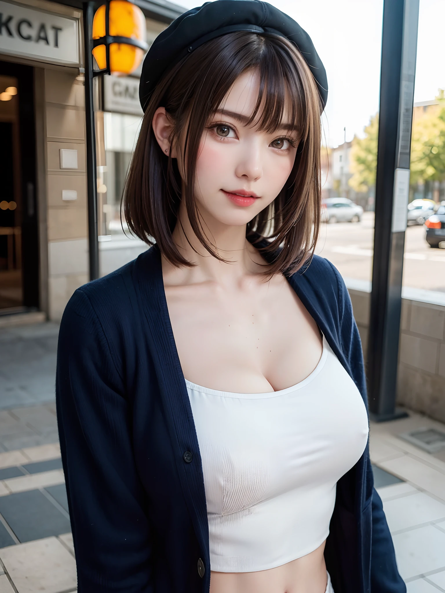 (Face Focus、Very eye focus、Head tilt、Very chest focus、underboob、mid-riff peak、hyper realisitic、Photorealistic、masutepiece:1.4, top-quality:1.4、Add intense highlights to the eyes:1.4、Shiny brunette short bob hair:1.4 ),1girl in, 独奏, short dark hair, scarf, Hats,, realisitic, looking at the viewers, brown eyes of light color、 coat, Winter clothes, White headscarf, s lips, lipgloss:1.4,bangss,a closed mouth, The upper part of the body、big eye、Lashes、((Street))、((Shorthair with bangs:1.4、big eye、Put very strong highlights in your students、{Gigantic|Big|Huge|Mega} breasts, cleavage、very Bigger breasts、gazing at viewer、Very beautiful beauty、Put your ears out、long neck、little smiling、Close your mouth and smile)))、Beautiful adult woman full of charm:1.4、(Autumn leaves are blue without people or cars々tree-lined street)