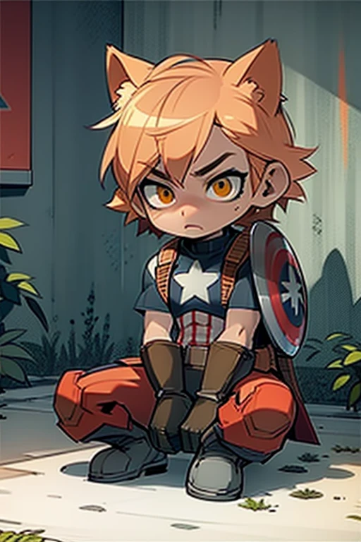 An orange tabby is sitting on captain america's shield