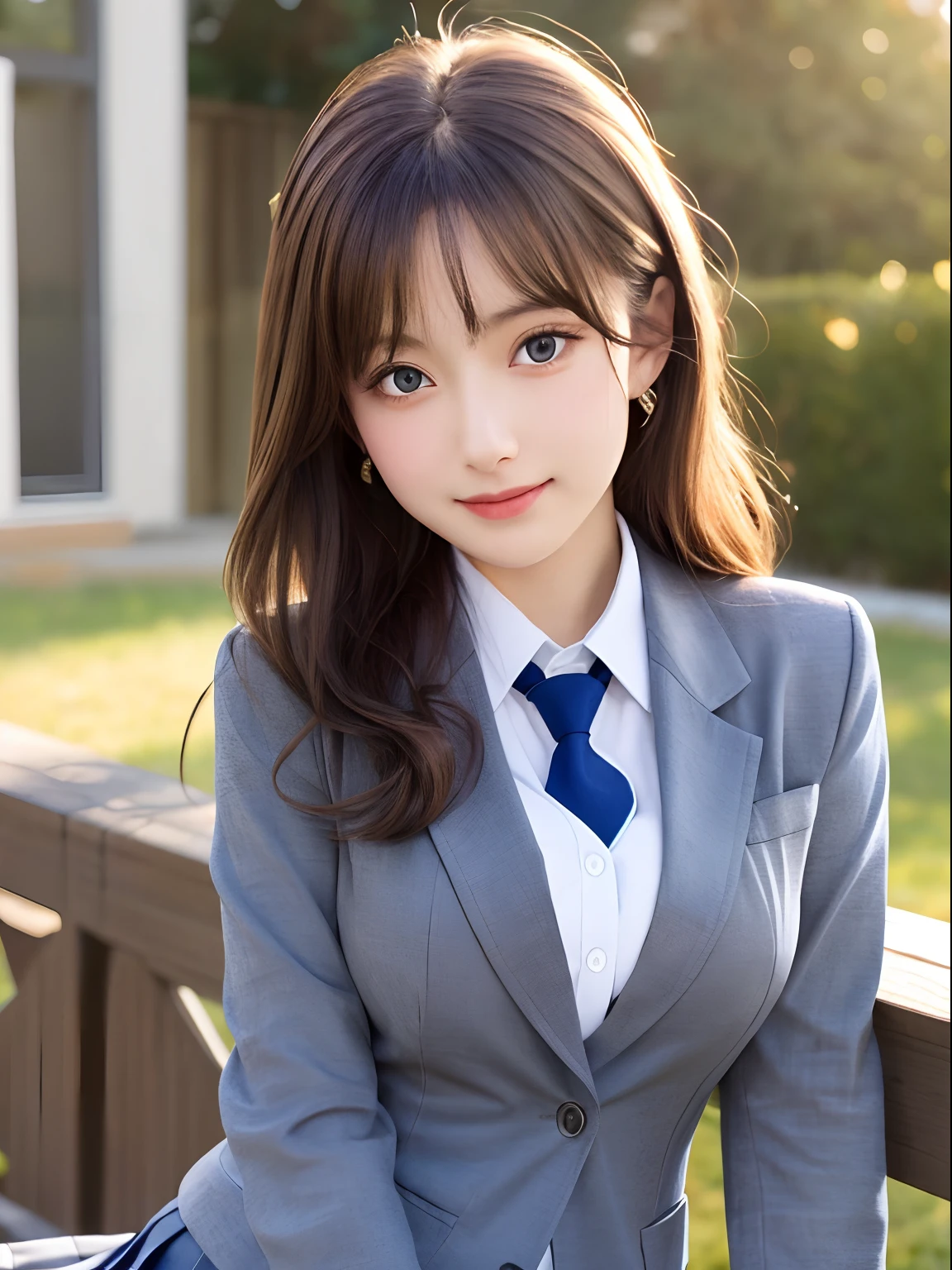 8K, Best Quality, real picture, Intricate details, ultra-detailliert, 超A high resolution, Depth Field,(Photorealistic,Realistic:1.2),masutepiece , straight-on shot , from miiddle ,
1girl in, AI_chan, an extremely beautiful 17-year-old girl, Innocent big eyes,、beutiful breast:1.5、ultradetailed eyes:1.2)、(Beautiful breasts:1.1)、hair wavy、curlyhair、bangss、, flawless skin, Fair skin, Huge breasts, cleavage, Narrow waist, Light blush, Solo, Looking at Viewer, lightsmile,
 ((School_uniform),(Dark blue blazer),  (white  shirt、Wearing a tie), (Grey pleated skirt), 
(Gravure Pose :1.1)