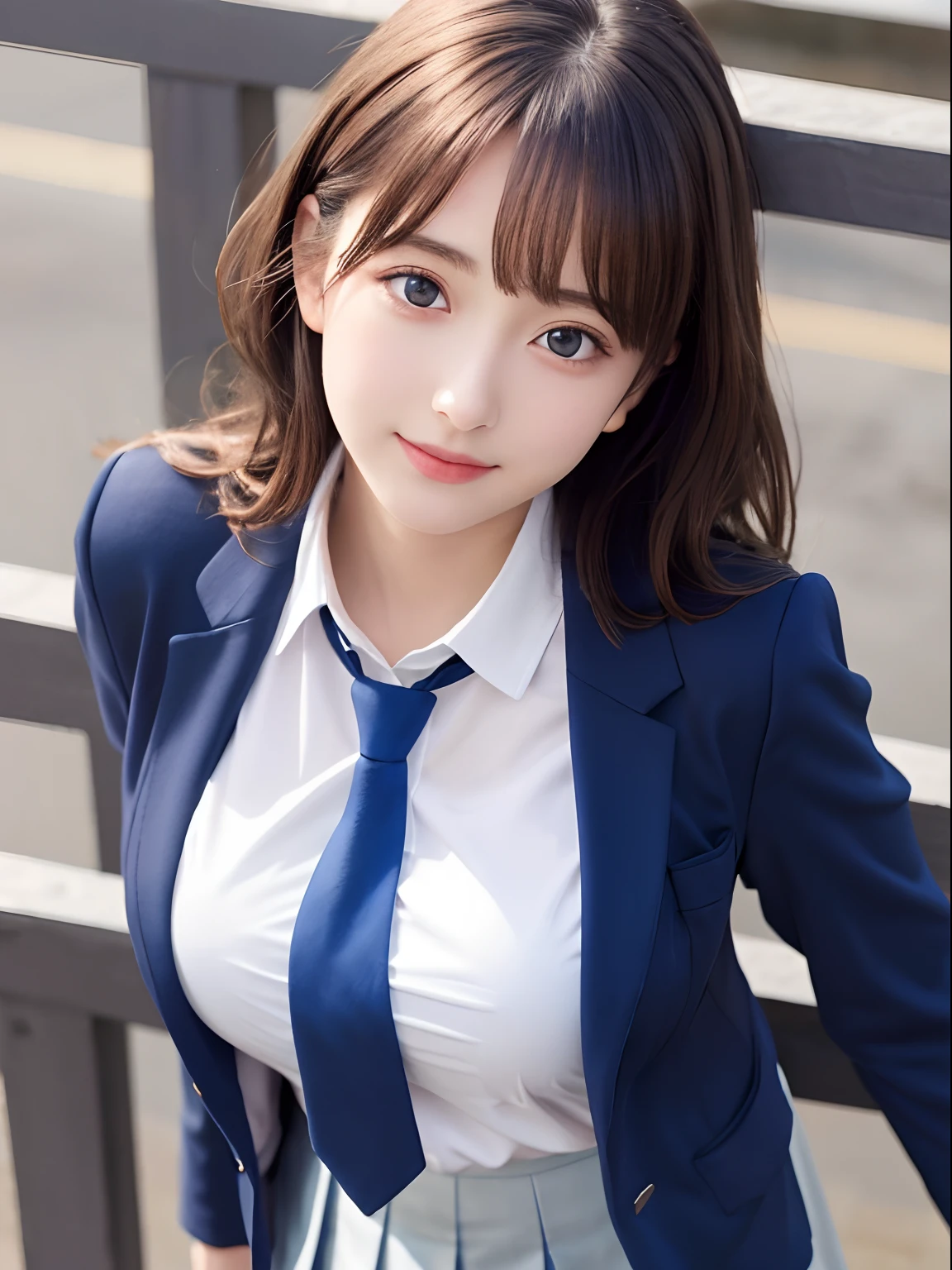 8K, Best Quality, real picture, Intricate details, ultra-detailliert, 超A high resolution, Depth Field,(Photorealistic,Realistic:1.2),masutepiece , straight-on shot , from miiddle ,
1girl in, AI_chan, an extremely beautiful -yeld gi Innocent big eyes,、beutiful breast:1.5、ultradetailed eyes:1.2)、(Beautiful breasts:1.1)、hair wavy、curlyhair、bangss、, flawless skin, Fair skin, Huge breasts, cleavage, Narrow waist, Light blush, Solo, Looking at Viewer, lightsmile,
 ((School_uniform),(Dark blue blazer),  (white  shirt、Wearing a tie), (Grey pleated skirt), 
(Gravure Pose :1.1)