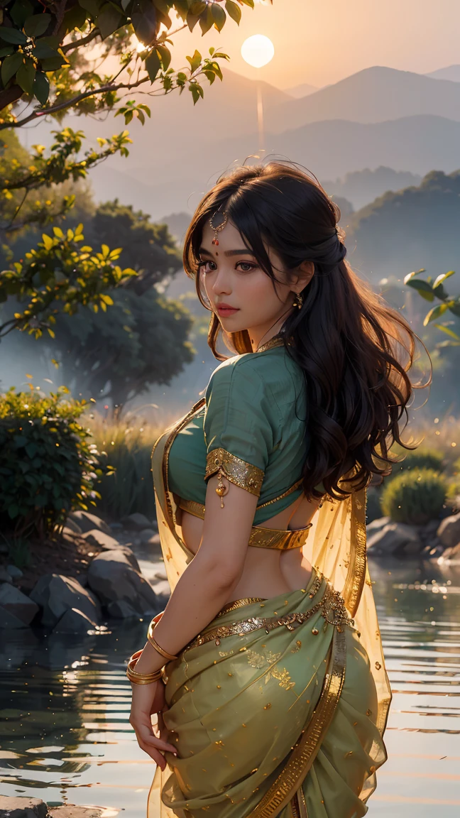 (best quality,ultra-detailed),(realistic,photorealistic:1.37),vibrant colors,soft lighting,Indian girl in saree,back view,praying to the rising sun,with folded hands,graceful pose,detailed eye and face,traditional attire,peaceful ambiance,beautiful nature backdrop,subtle morning glow.