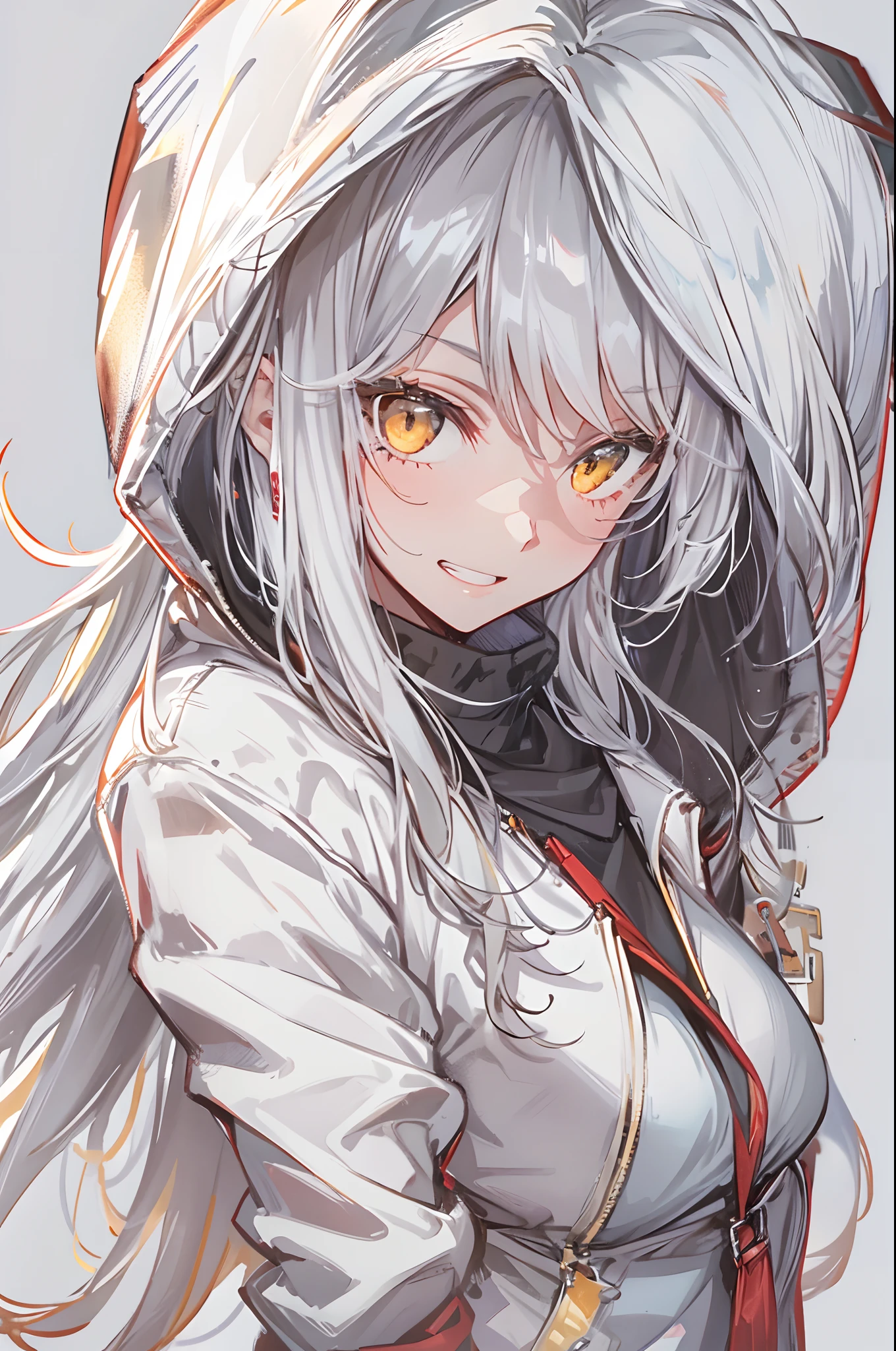 1girl, {solo}, upper body ,{{ {looking at viewer}}}, arm at side, concept art, white background, simple background, white hair, silver gradiient hair , complex cloth, asymmetrical clothes, virtual youtuber, best quality, masterpiece, dynamic angle, guilty gear, guilty gear, guilty gear, cowboy_shot, looking_back, grabbing, girl,woman,female, young,20 years old, very long hair, flipped hair, silver hair, flowing hair, ahoge, smirk, beautiful and delicate golden eyes, teeth, medium_breasts, blonde eyes, white skin, coat, hoodie, black_shorts, grey Clothes, transparent_background, backlighting, absurdres, highres, ultra detailed,