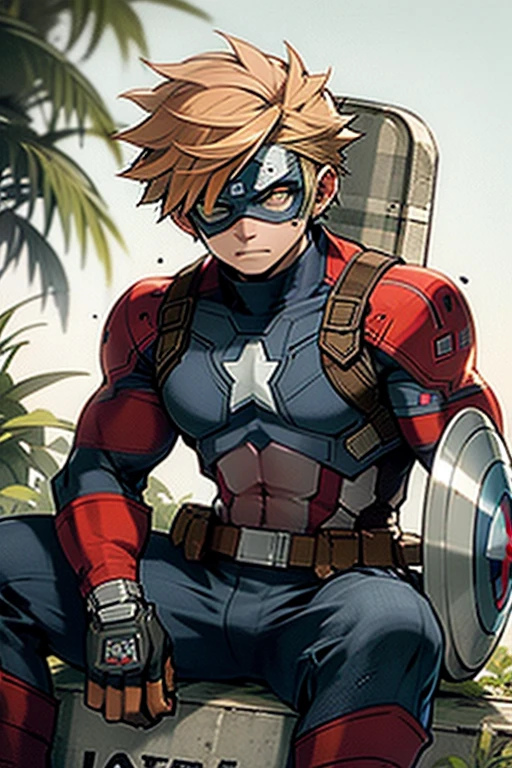 An orange tabby cat  is sitting on captain america's shield