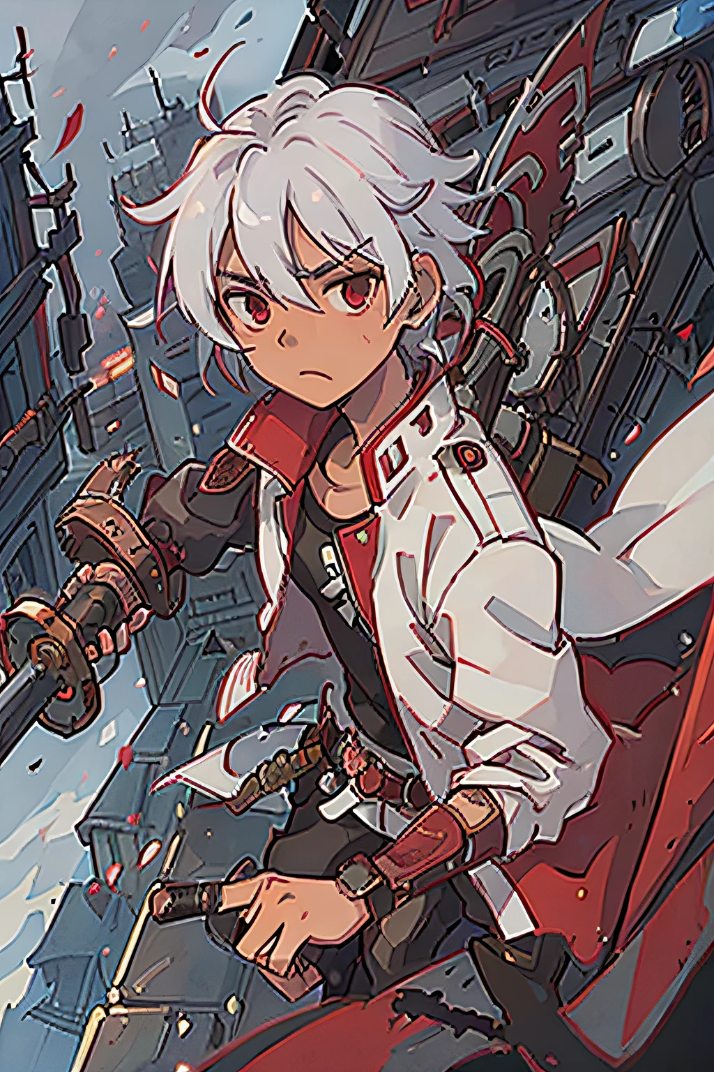 A dark-skinned boy with white hair and red eyes, wearing a scarlet red jacket, wielding a katana in a steampunk setting, with the background blurred, focusing on the boy atop a building with the wind blowing
